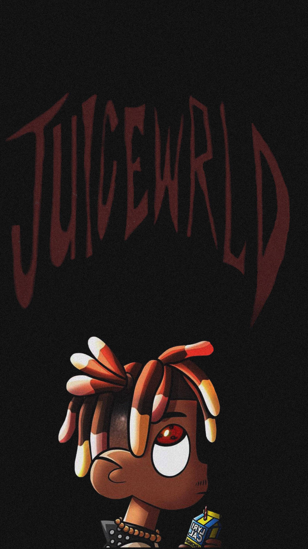 卡通角色，有糖果玉米頭髮，拿著果汁盒，在JuiceWRLD文字下方 — Juice Wrld 壁紙
