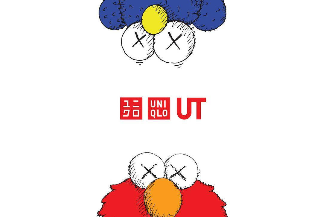 Uniqlo 桌布 壁紙 — 一個風格化的卡通角色，擁有藍色和紅色的蓬鬆頭部和X眼面孔，出現在白色背景上的紅色UNIQLO UT標誌上方和下方。
