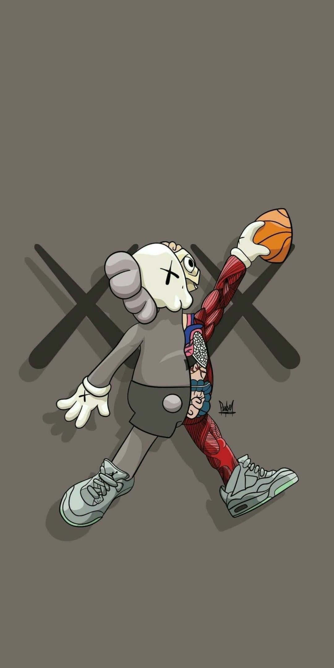 KAWS 桌布 壁紙 — 一個風格化的卡通角色，擁有骷髏頭和肌肉發達的手臂，在純灰色背景前投籃。