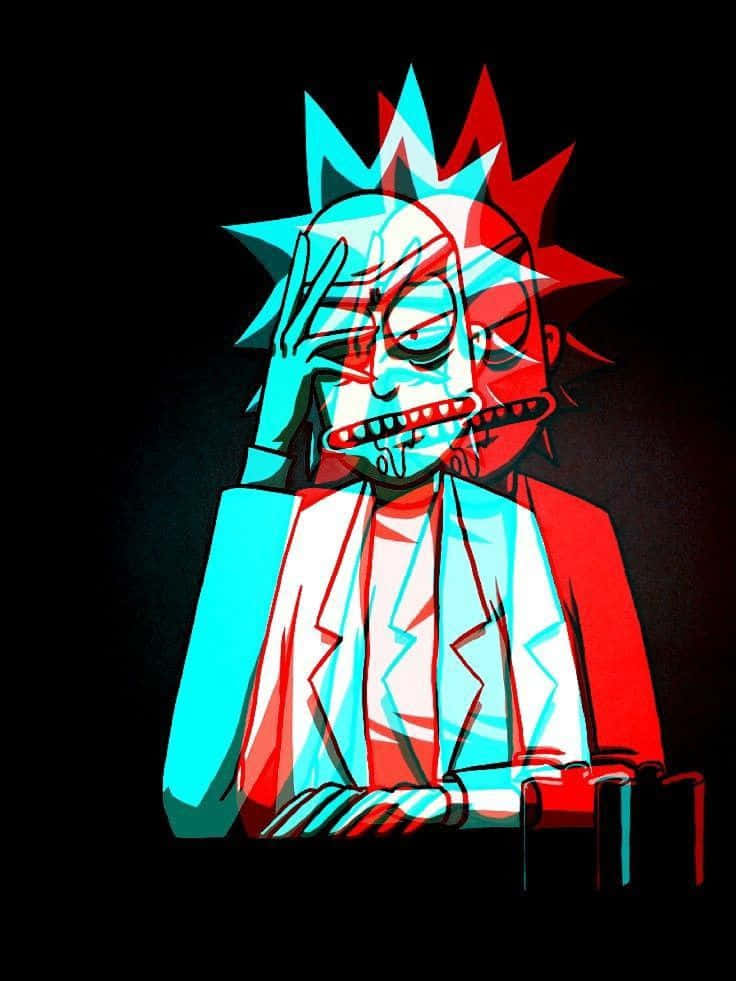 Total Rickall 桌布 壁紙 — 一個風格化的卡通角色，有著尖刺頭髮和實驗室外套，在黑色背景上帶有紅色和青色的色彩區塊，手持一支香煙。