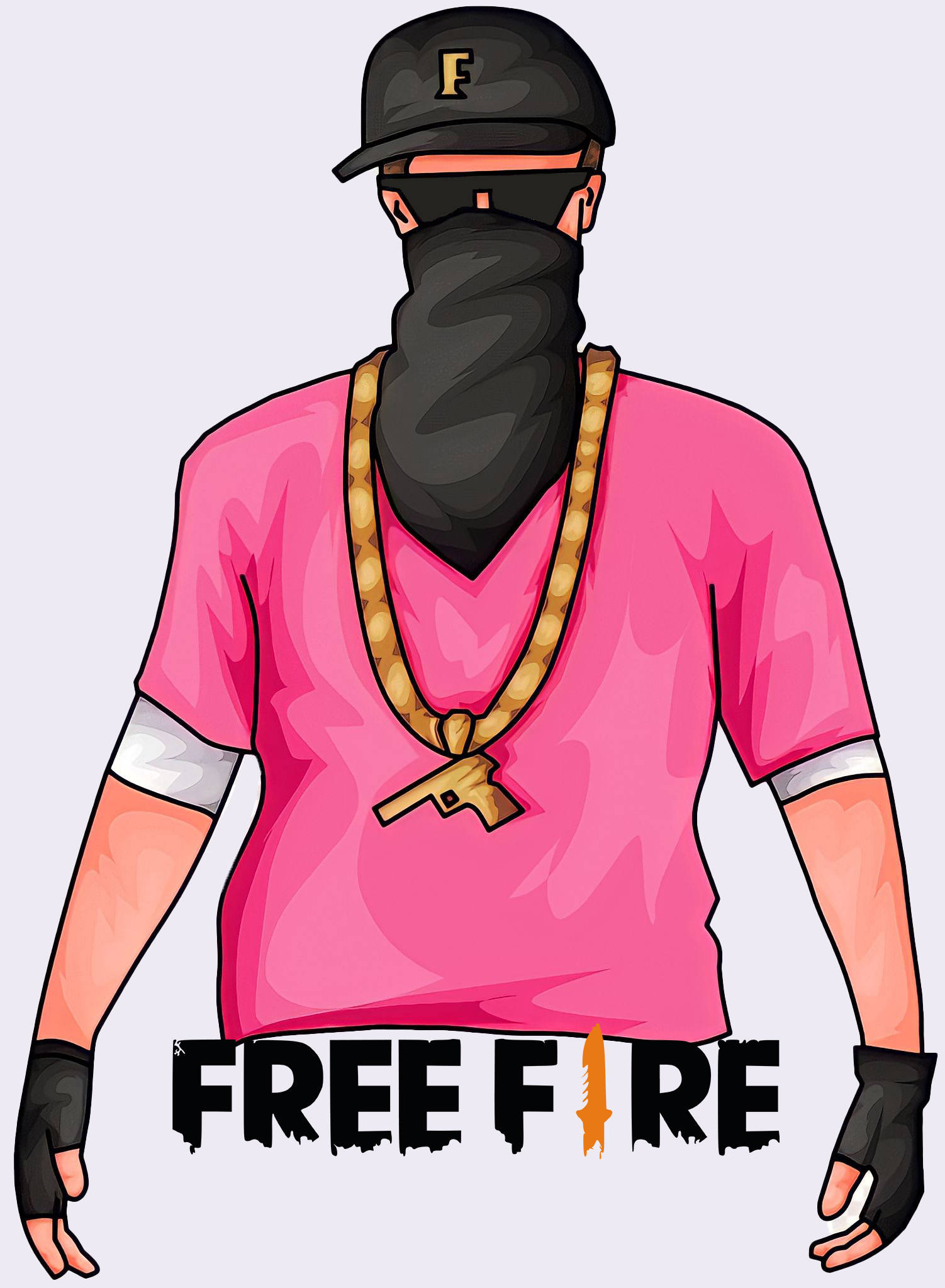 Free Fire 嘻哈套裝 桌布 壁紙 — 一個風格化的卡通角色，穿著粉紅色襯衫和黑色帽子，戴著槍形吊墜項鍊，站在純色背景前。