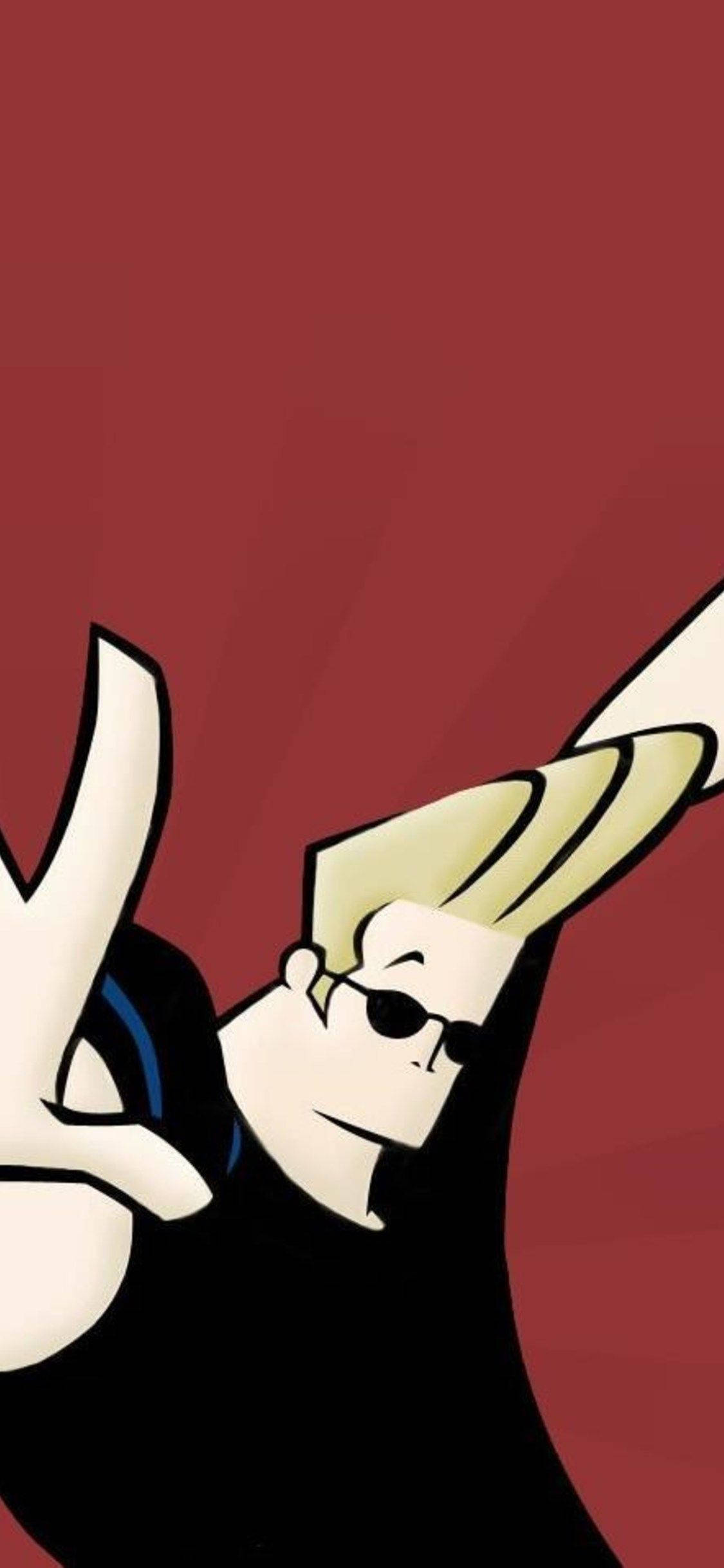 Johnny Bravo 桌布 壁紙 — 一個風格化的卡通角色，金髮和太陽眼鏡，在深紅色背景上做出和平手勢。