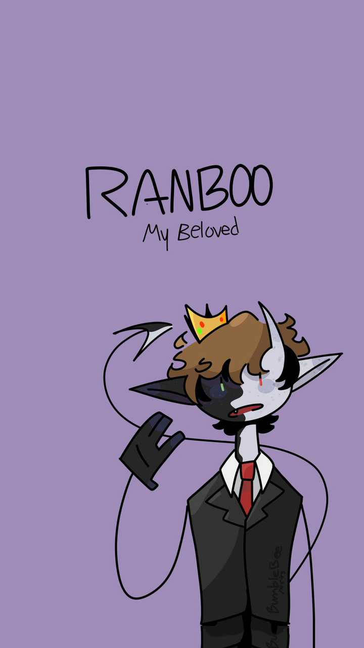 Ranboo 桌布 壁紙 — 一個風格化的卡通角色，頭上有角和皇冠，在紫色背景上揮手，上方有文字。