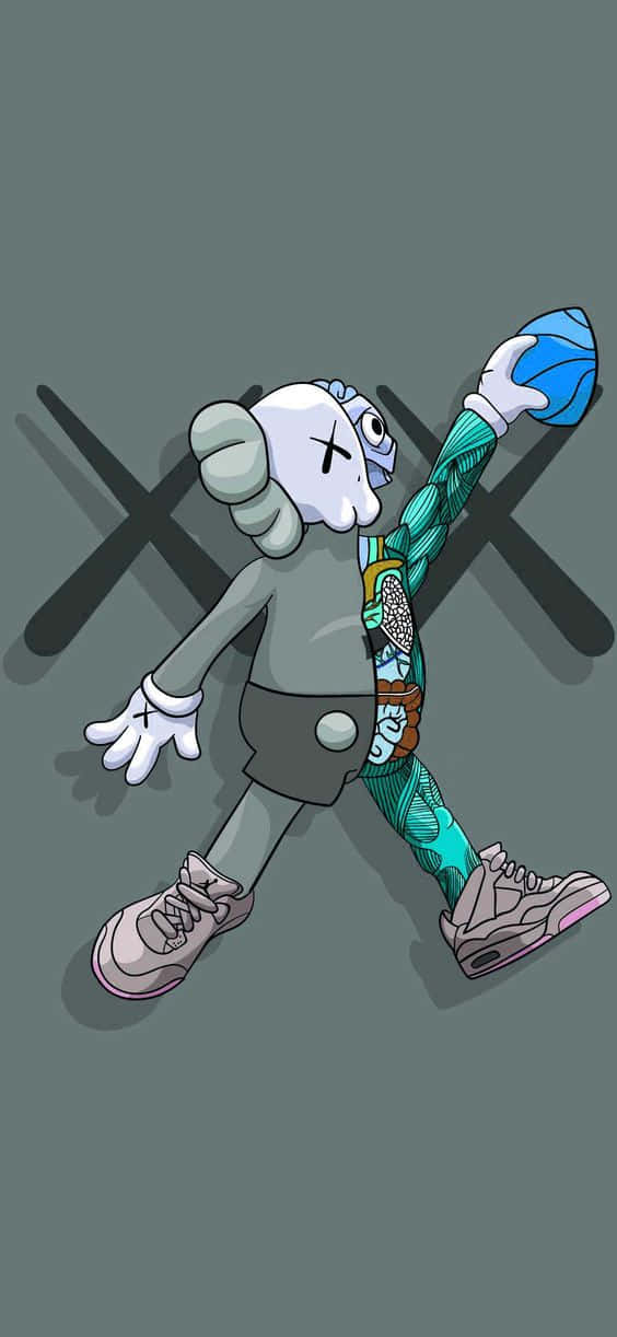 kaws pc 桌布 壁紙 — 一個風格化的卡通角色，頭顱骨頭，手臂有刺青，在帶有黑色X標記的灰色背景前拿著一個藍色籃球。
