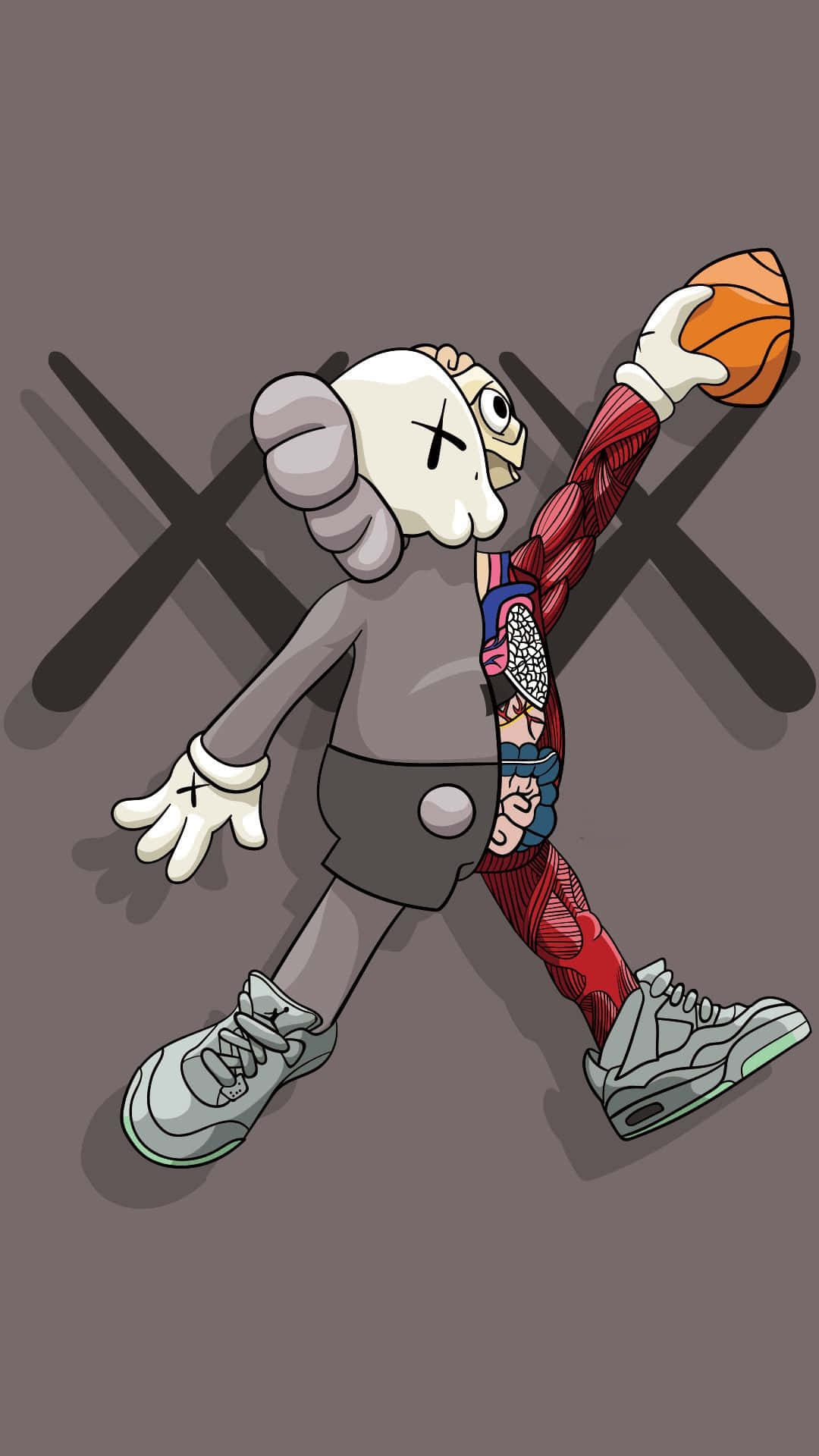 kaws pc 桌布 壁紙 — 一個風格化的卡通角色，頭顱骨頭和暴露的肌肉解剖結構，跳起在純灰色背景上扣籃。