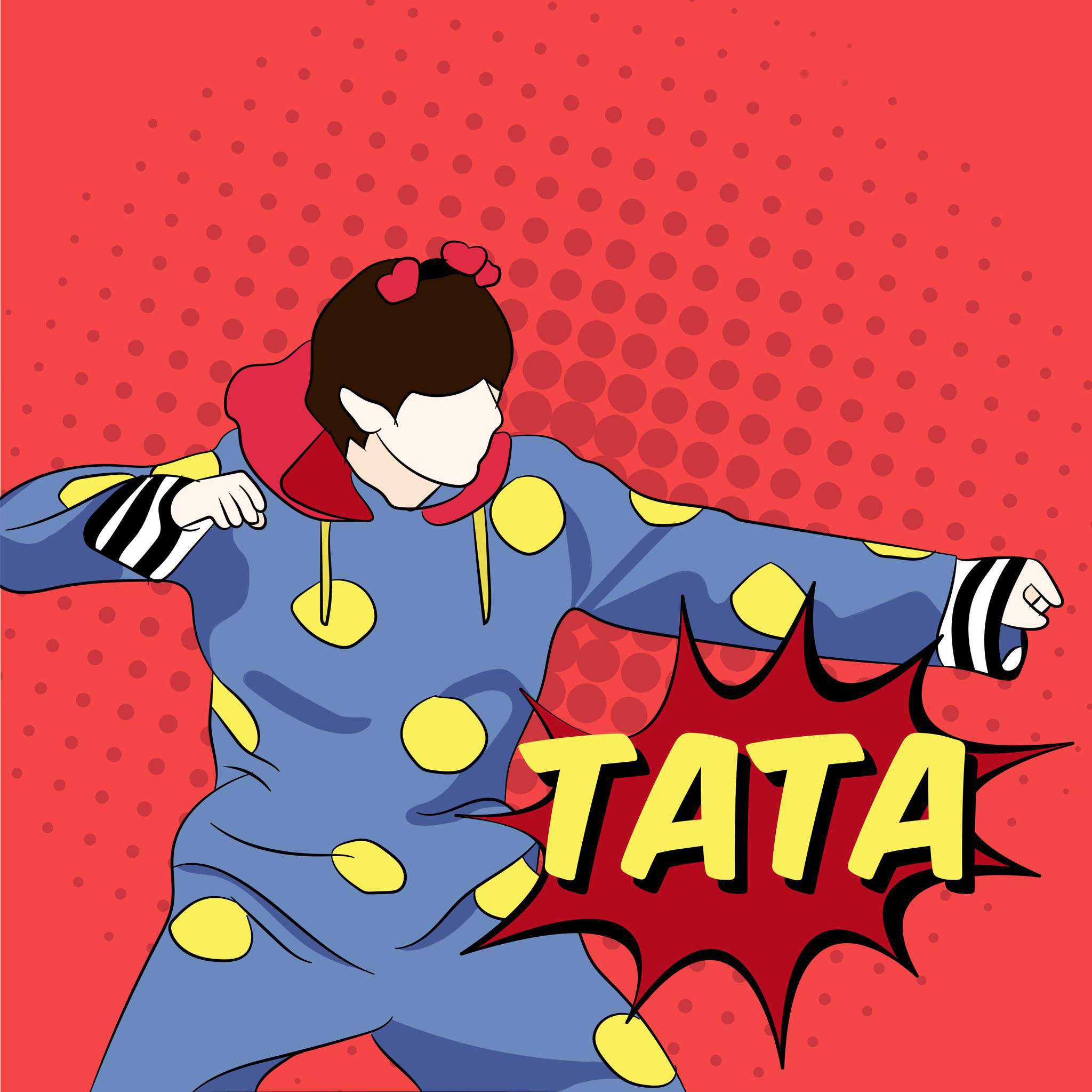 tata bt21 桌布 壁紙 — 一個風格化的卡通角色穿著藍色圓點服裝，在紅色半色調背景上擺出動態姿勢，並帶有粗體的「TATA」對話氣泡。