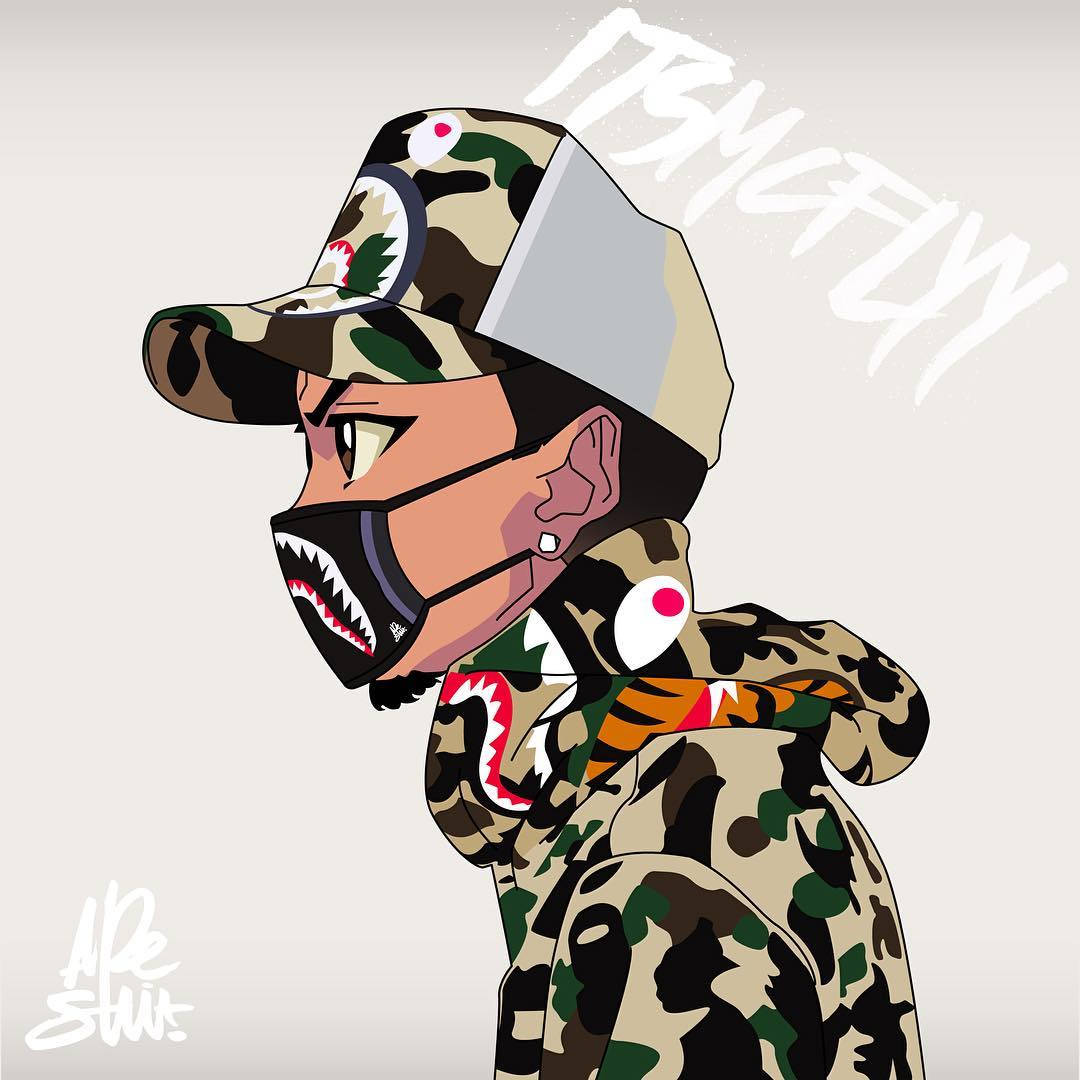Bape 動態 桌布 壁紙 — 一個風格化的卡通角色穿著迷彩裝備和鯊魚嘴面具，在純色背景前自信地擺姿勢。