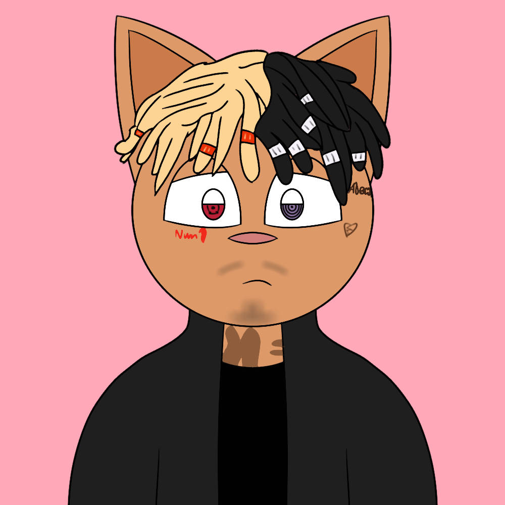 Xxxtentacion Cartoon 桌布 壁紙 — 一個風格化的卡通貓角色，擁有分開的金色和黑色頭髮、刺青和紅色眼睛，背景為粉紅色。
