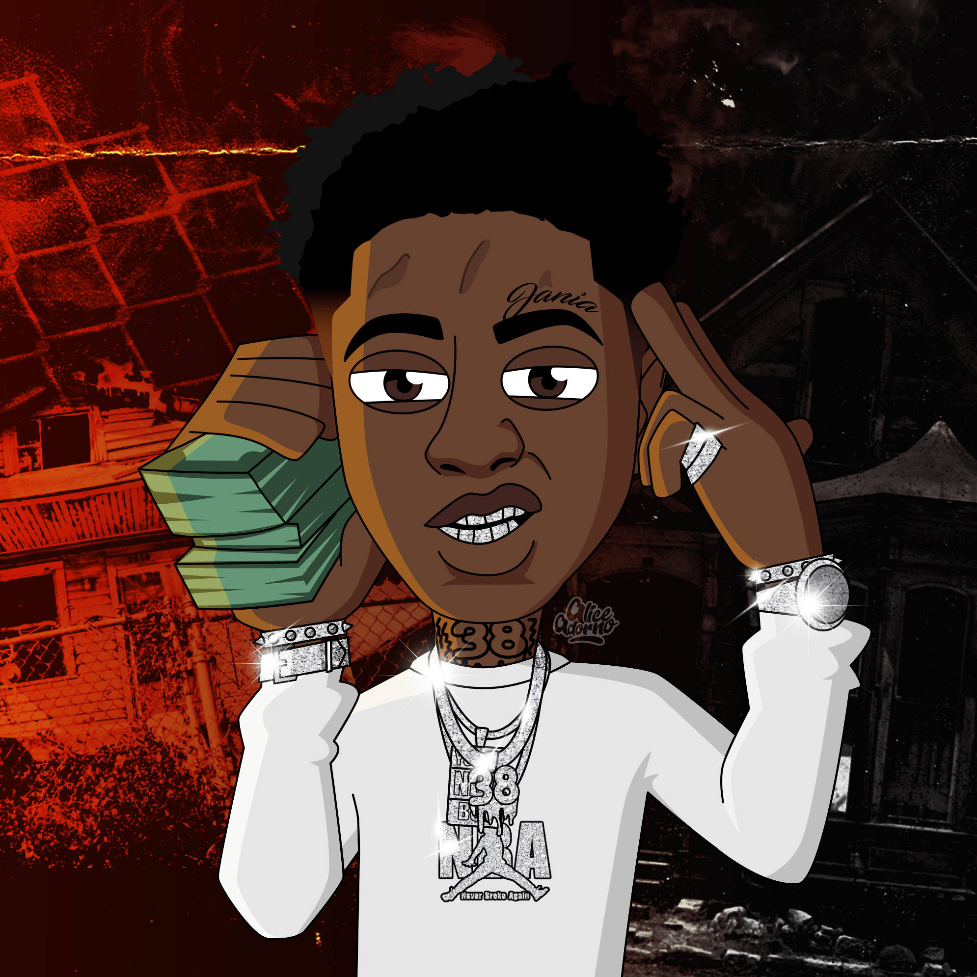 NBA Youngboy Cartoon 桌布 壁紙 — 一個風格化的卡通饒舌歌手在紅色燈光的粗糙城市背景下拿著一疊疊現金和一枚鑽石戒指。