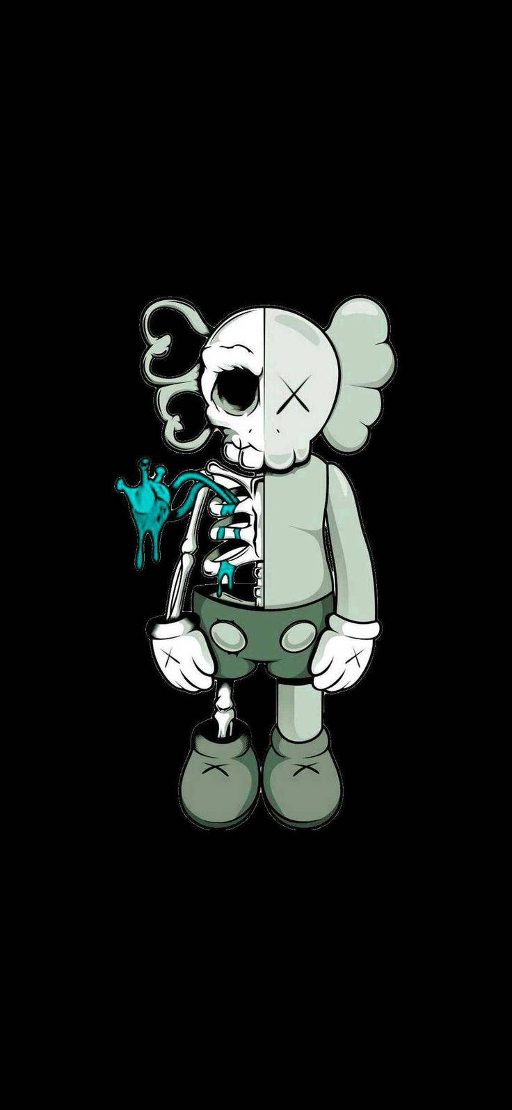 kaws pc 桌布 壁紙 — 一個風格化的卡通骷髏角色，半邊頭骨半邊臉，在黑色背景前拿著冒煙的煙斗。