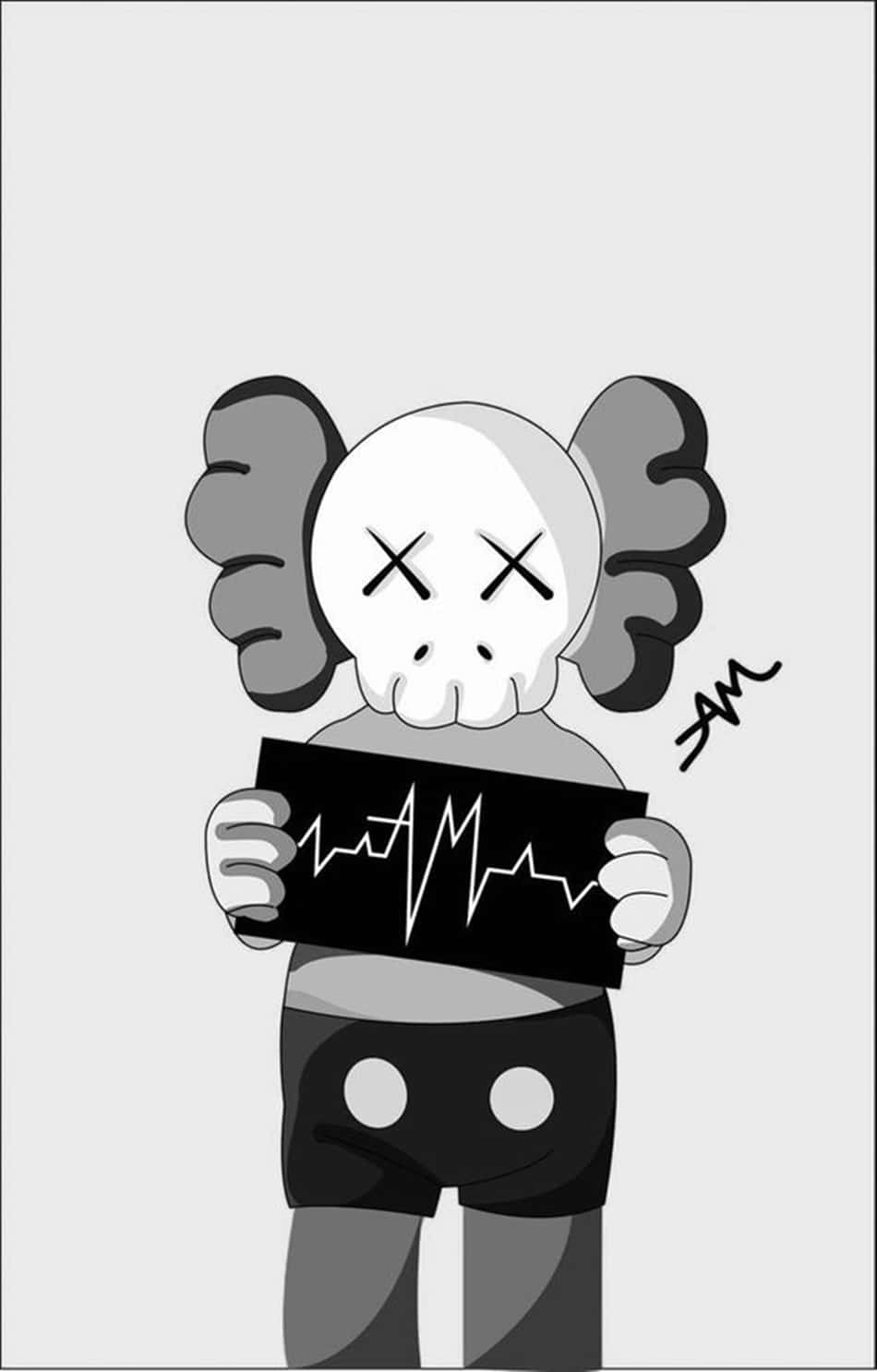 KAWS 桌布 壁紙 — 一個風格化的卡通骷髏角色，眼睛呈X形，在純灰色背景上舉著一個帶有白色心跳線的黑色標誌。