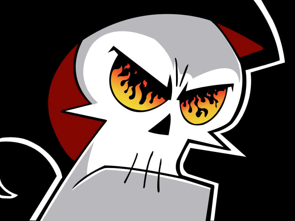 the grim adventures of billy and mandy 桌布 壁紙 — 一個風格化的卡通骷髏頭，帶有火焰般的眼睛和紅色魔鬼角，背景為黑色。