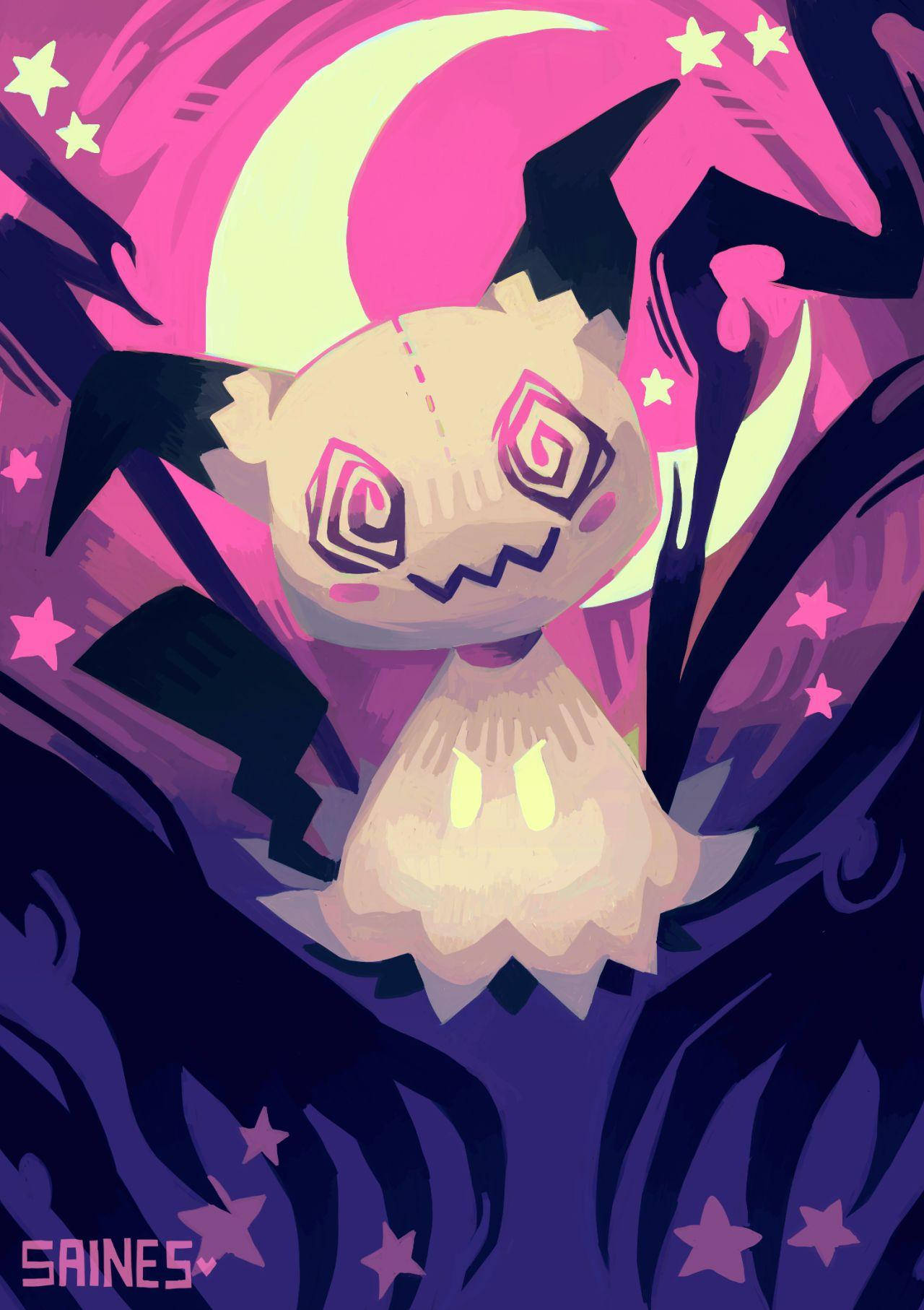 Pokémon 手機 桌布 壁紙 — 一個風格化的卡通鬼魂，帶有螺旋狀眼睛，漂浮在旋轉的粉紅色和紫色宇宙漩渦及發光星星之間。