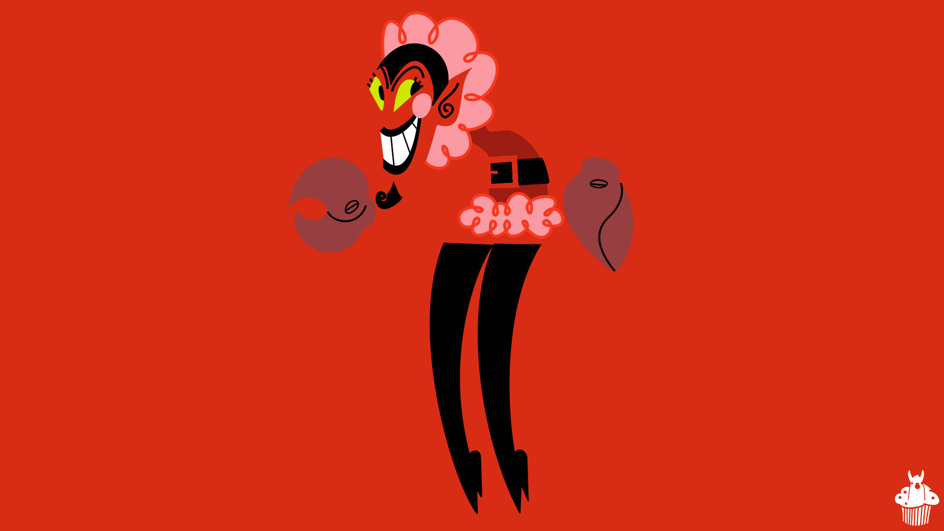 girls 桌布 壁紙 — 一個風格化的卡通魔鬼，粉紅色頭髮和黃色眼睛，在純紅色背景上微笑。