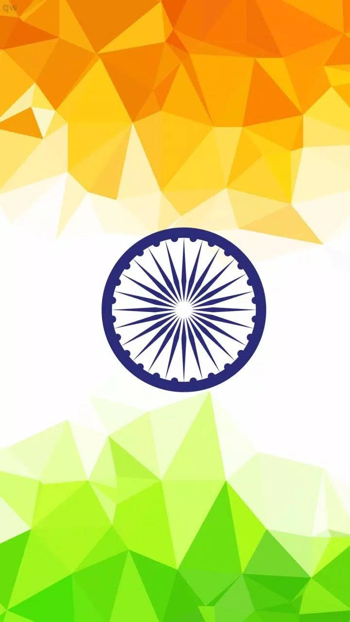 Indian 桌布 壁紙 — 一個風格化的印度國旗，帶有幾何三角形圖案，顏色為藏紅花黃和綠色，白色中央有一個海軍藍色的阿育王法輪。