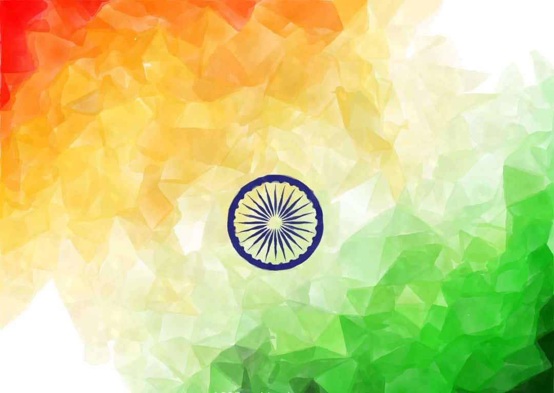 Indian 桌布 壁紙 — 一個風格化的印度國旗，帶有藏紅花橙色、白色和綠色的三角形部分，以及中央的藍色阿育王法輪。