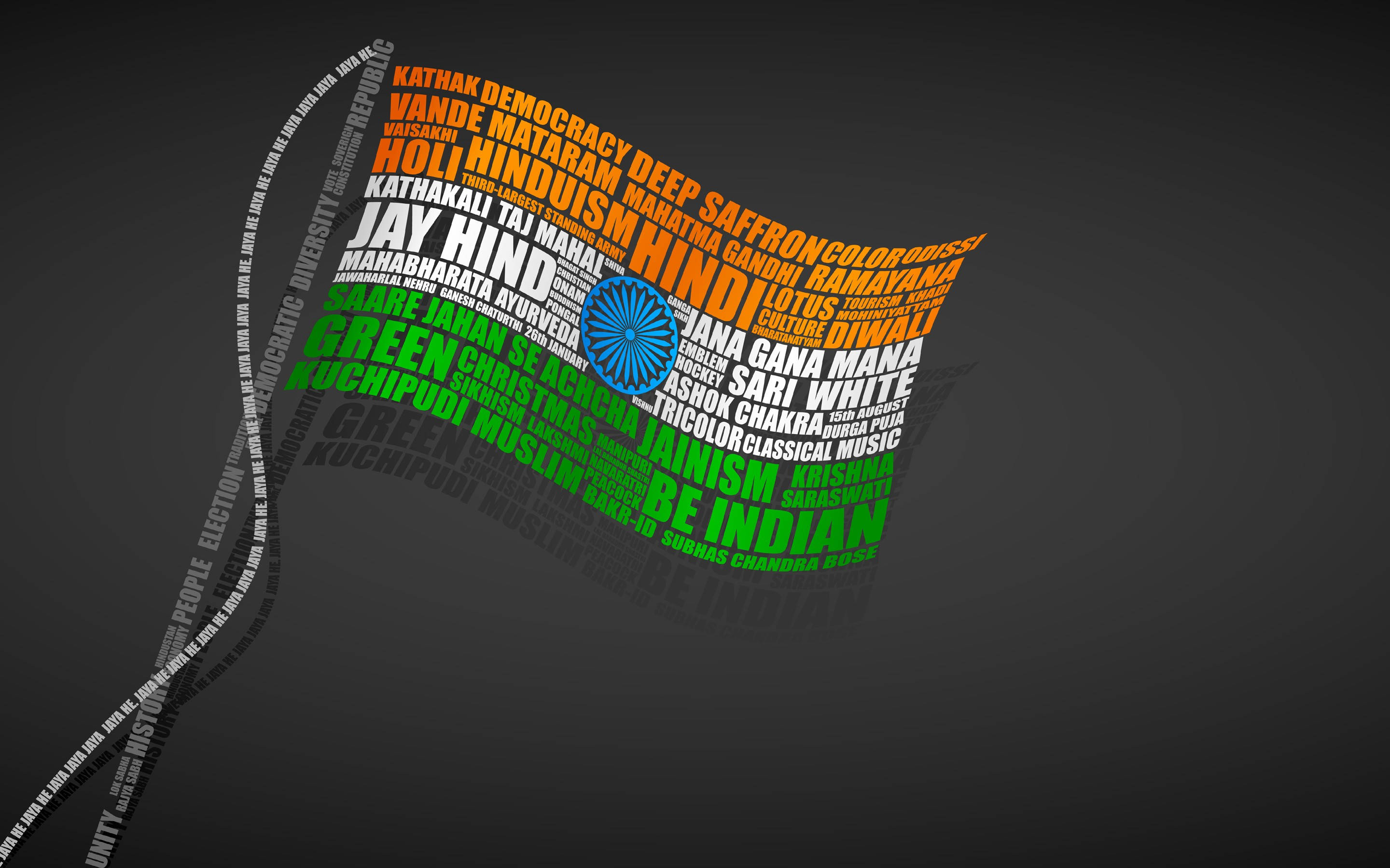 Indian 桌布 壁紙 — 一個風格化的印度國旗，由「Hinduism」、「Saffron」、「Jai Hind」和「Be Indian」等詞語組成，以藏紅花、綠色和白色呈現於深灰色背景上。