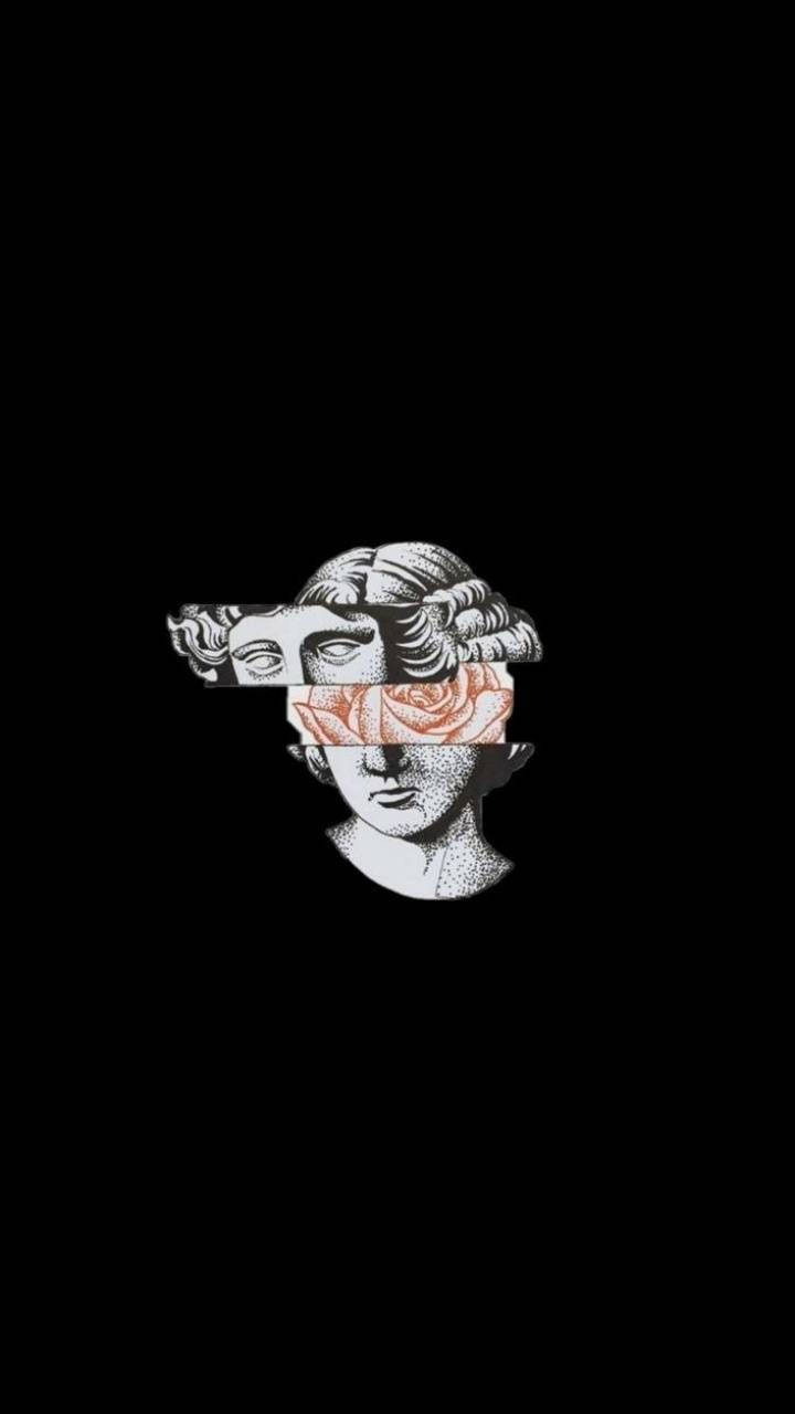 Greek Aesthetic 桌布 壁紙 — 一個風格化的古典半身像，以玫瑰取代其眼睛，襯托在鮮明的黑色背景上。