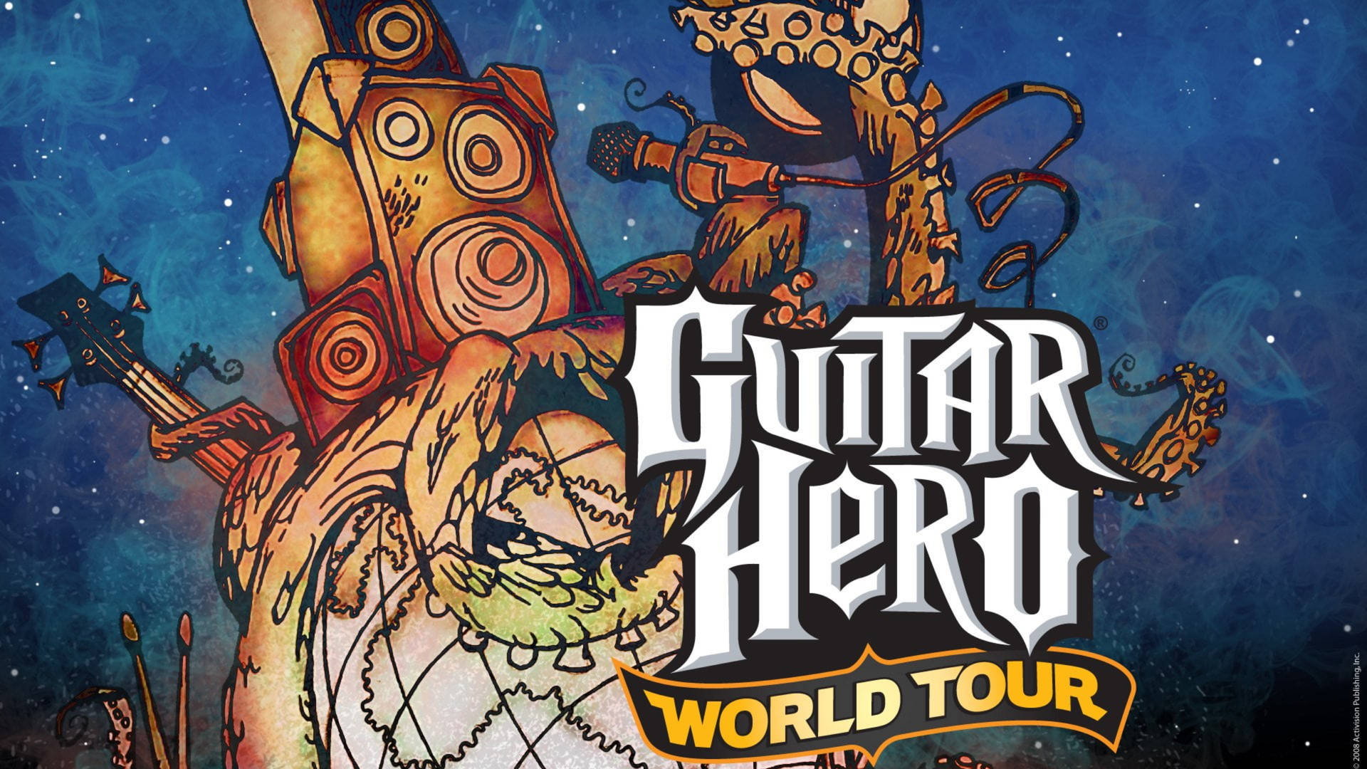 Guitar Hero World Tour 遊戲吉祥物，帶有機械手臂，背景為星空藍色。 — 吉他英雄 壁紙