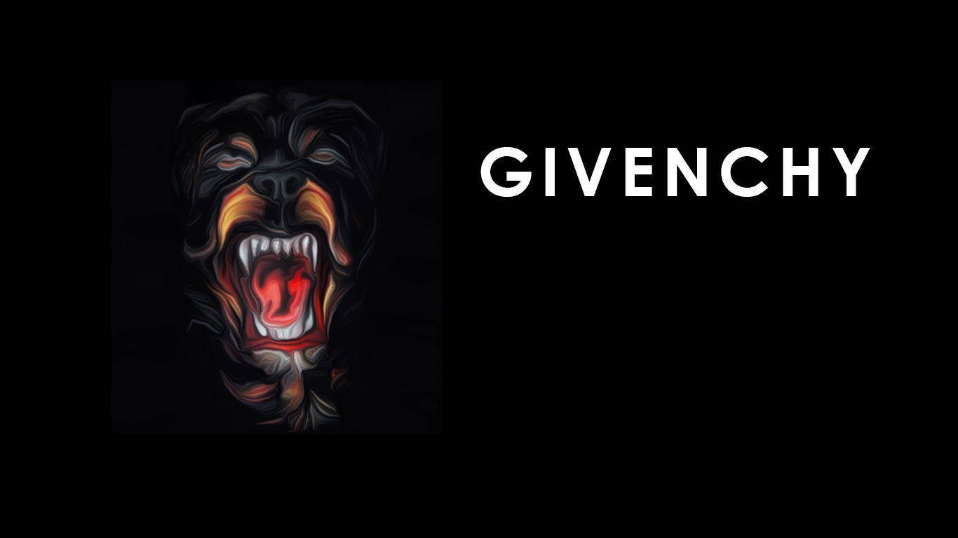 Givenchy 桌布 壁紙 — 一個風格化的咆哮洛威拿頭部，帶有發光的橙色和紅色火焰，在黑色背景上，Givenchy 標誌旁邊。