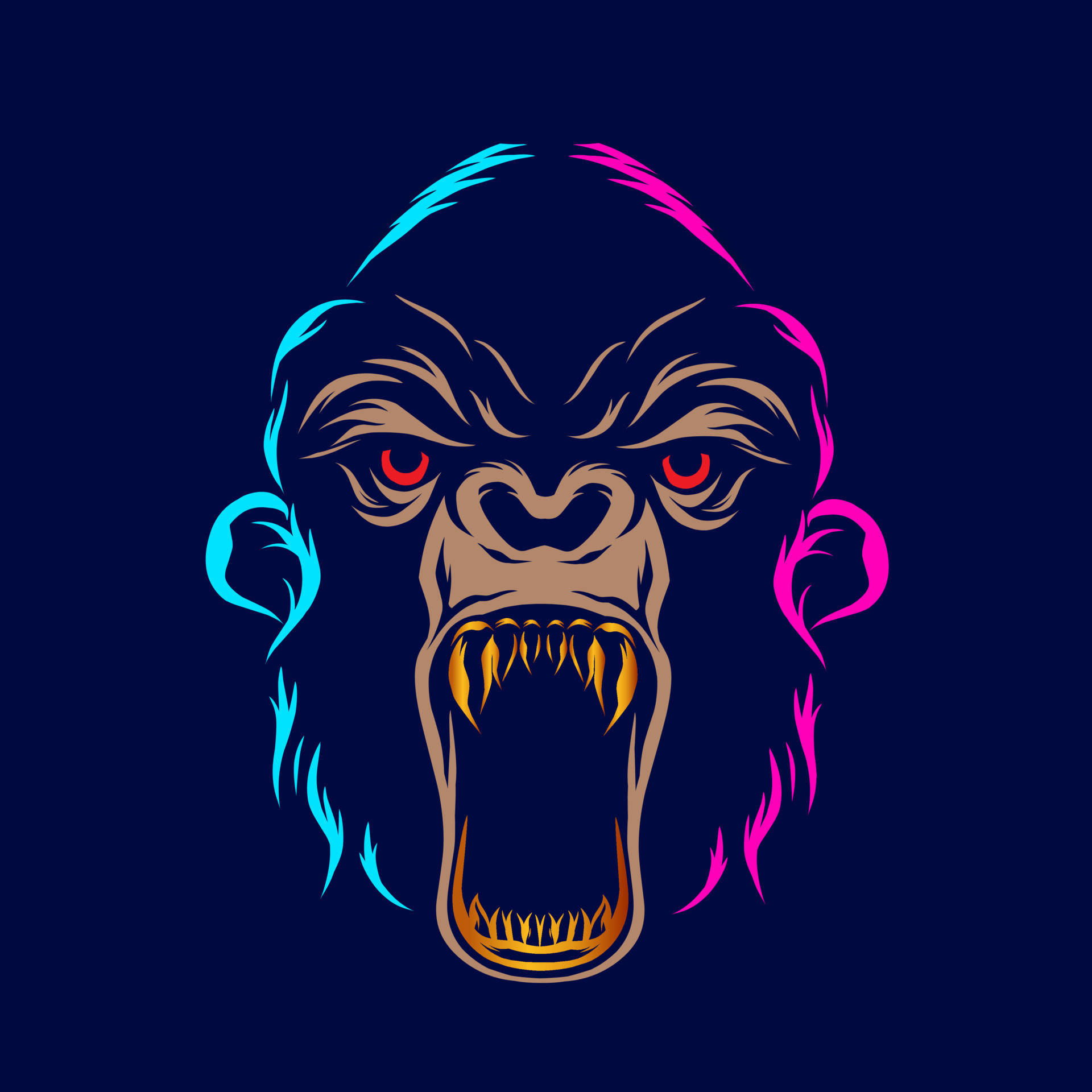 Cool Gorilla 桌布 壁紙 — 一個風格化的咆哮猩猩頭，帶有發光的紅色眼睛和霓虹藍粉紅色頭髮，背景為深藍色。