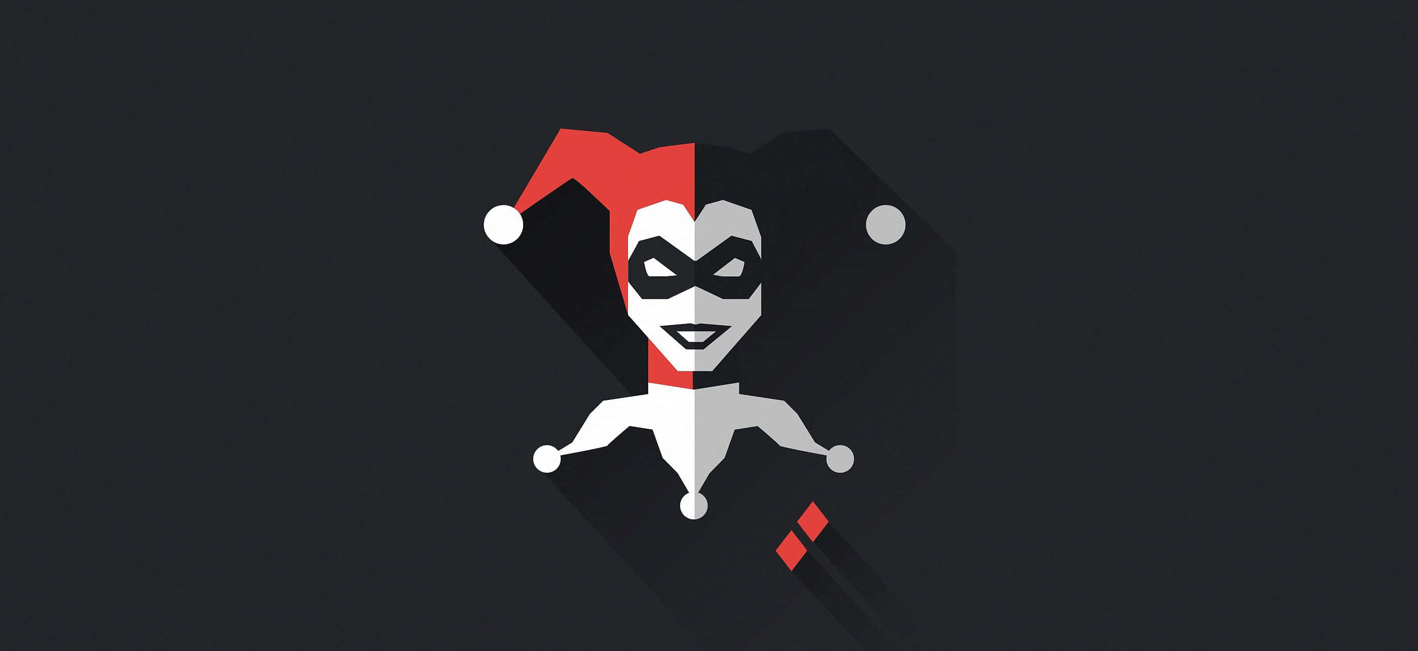 Original Harley Quinn 桌布 壁紙 — 一個風格化的哈莉·奎茵圖標，帶有紅白小丑帽和面具，背景為深色。