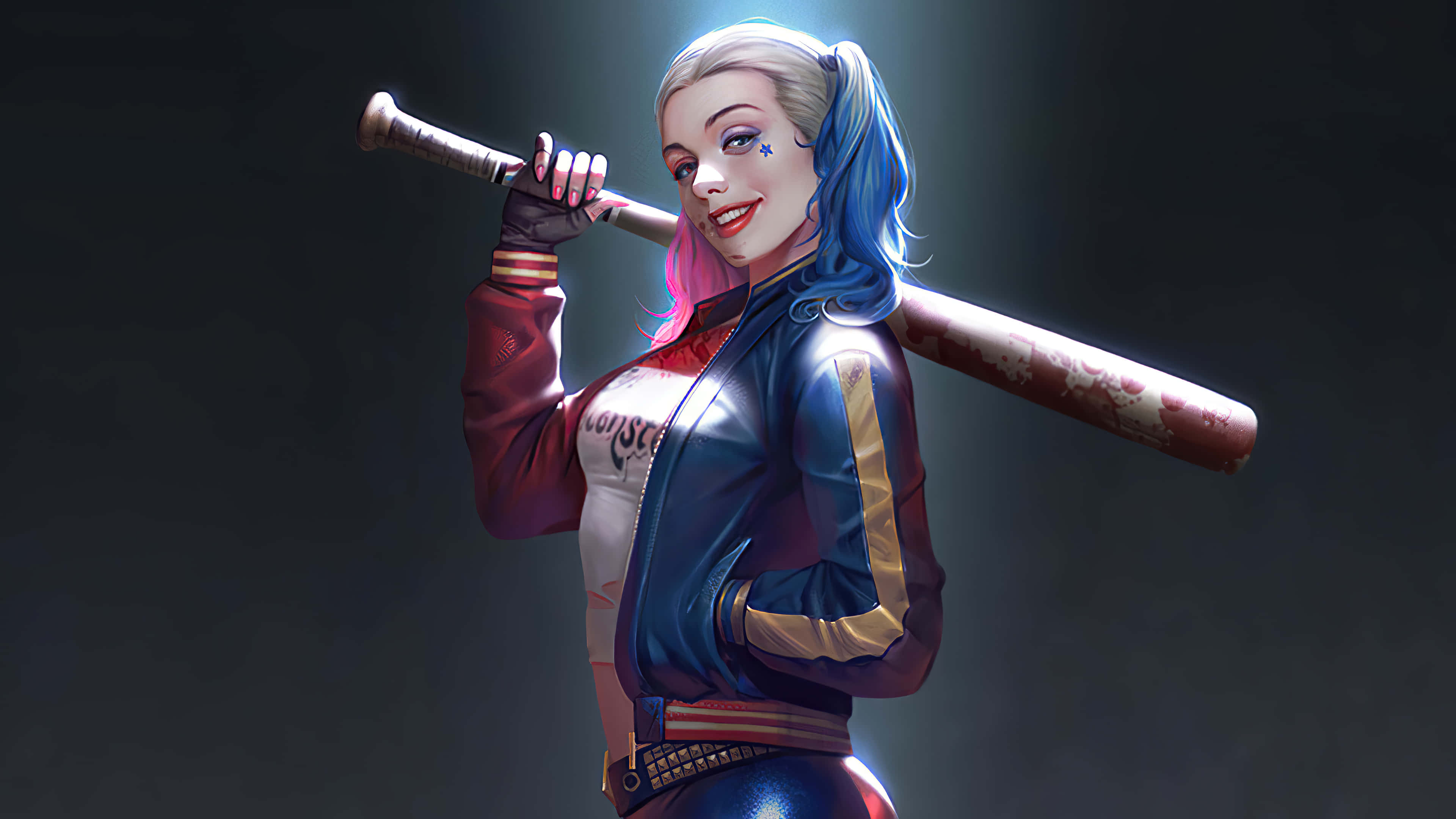 Harley Quinn Baseball Bat 桌布 壁紙 — 一個風格化的哈莉·奎茵在黑暗背景下微笑，肩上扛著一個棒球棍。