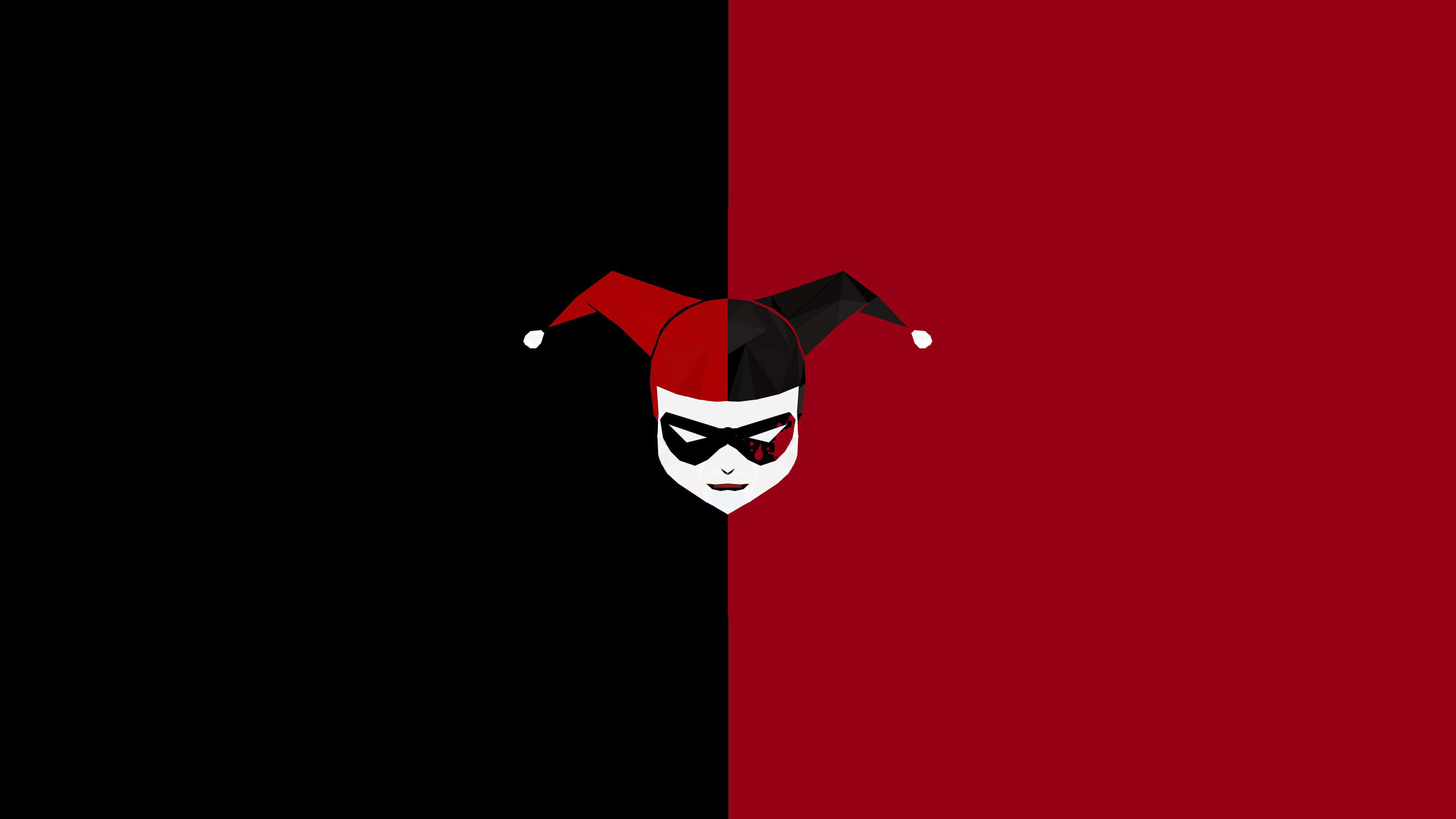 Original Harley Quinn 桌布 壁紙 — 一個風格化的哈莉·奎茵面具，由黑色和紅色兩半組成，帶有幾何小丑帽。