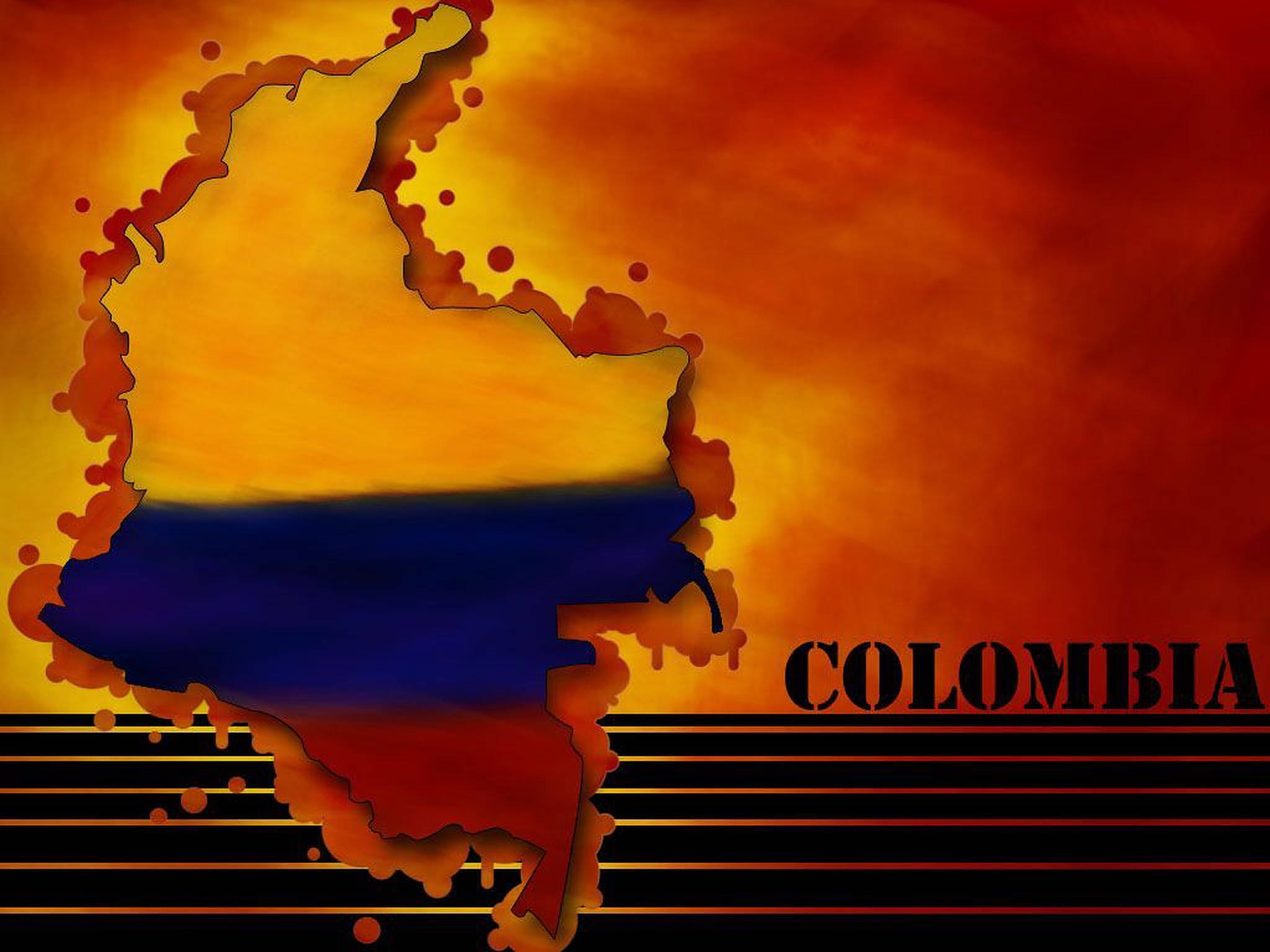 Colombia 桌布 壁紙 — 一個風格化的哥倫比亞地圖，填充其國旗顏色，背景為熾熱的橙色和紅色漸變。