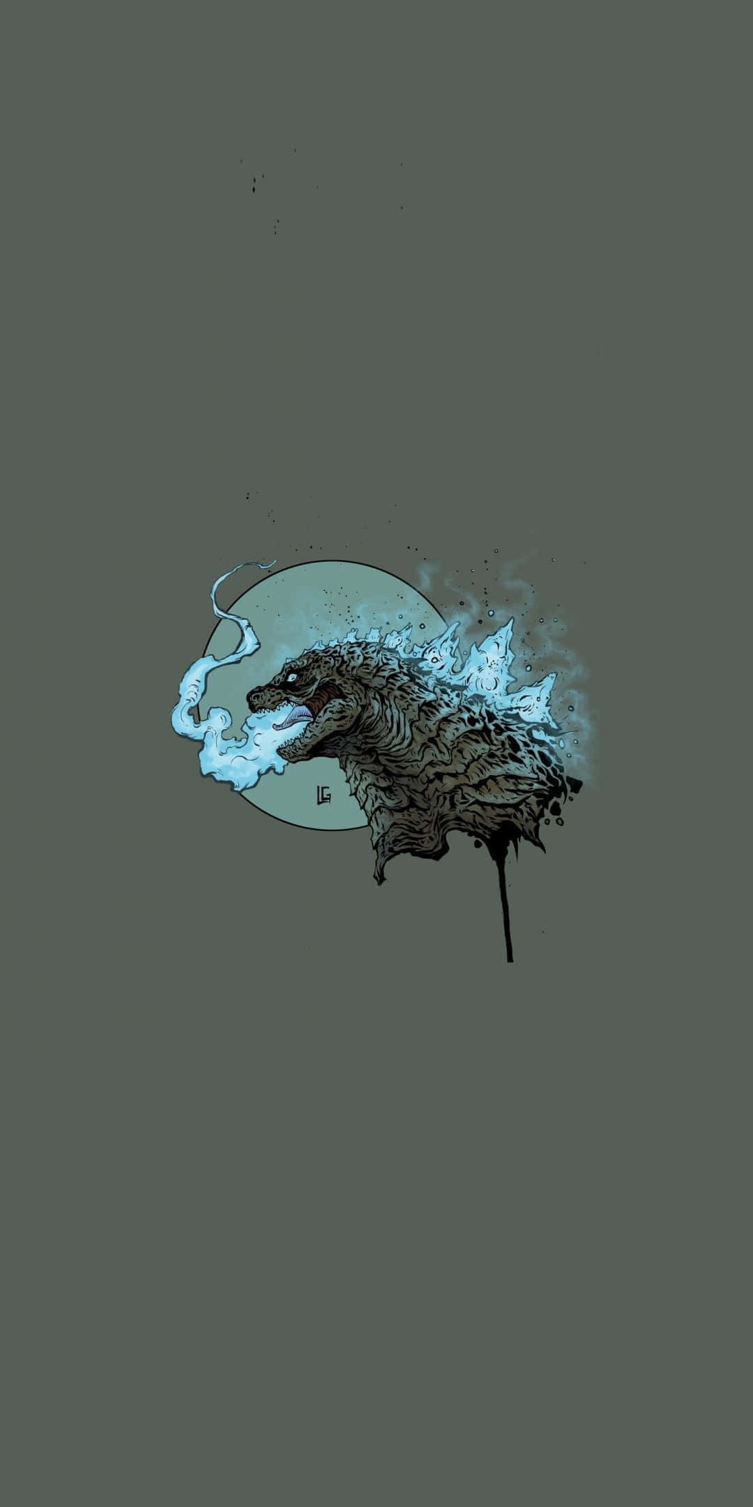 Godzilla Art 桌布 壁紙 — 一個風格化的哥吉拉剪影，帶有藍色火焰狀尖刺，在灰色場地上的柔和圓形背景中浮現。