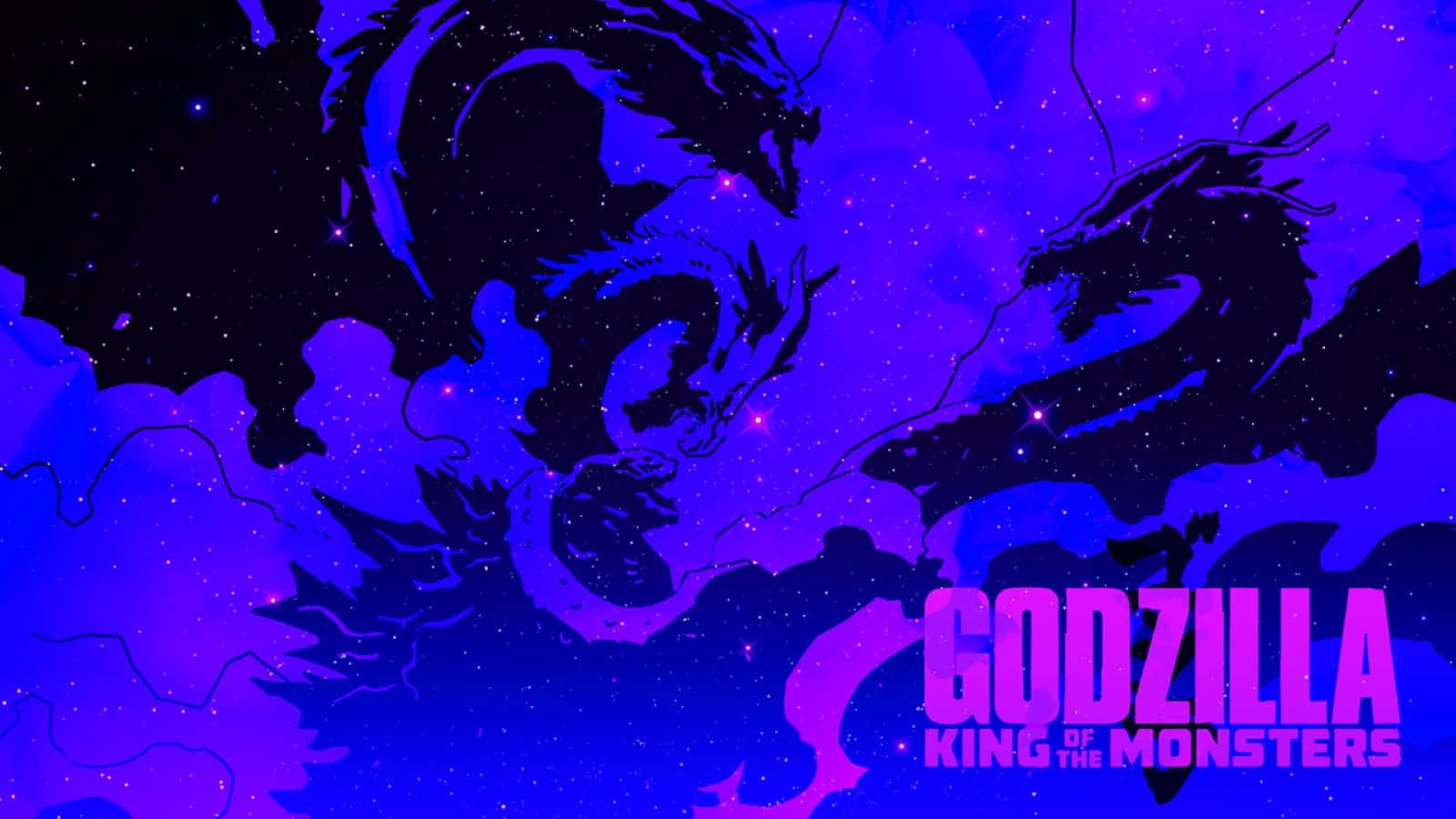 King Ghidorah 桌布 壁紙 — 一個風格化的哥吉拉剪影從宇宙紫色雲層中浮現，背景是繁星點點的夜空，並帶有粗體粉紅色標題文字。