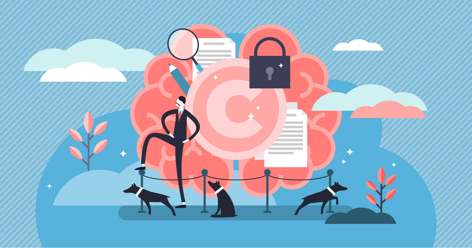 ideas 桌布 壁紙 — 一個風格化的商人站在一個由狗守衛的巨大粉紅色版權符號上，背景是藍天白雲。