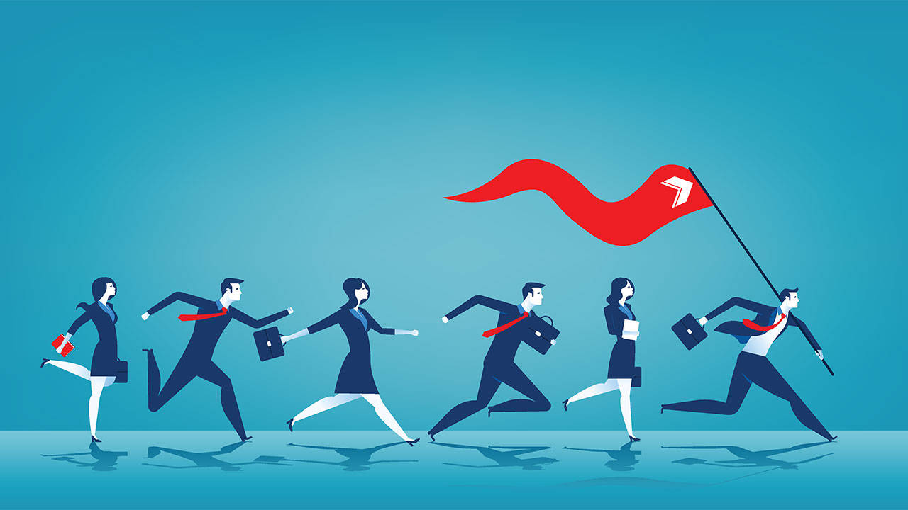 Leadership 桌布 壁紙 — 一個風格化的商業專業團隊動態地跑過藍色漸變地板，朝向帶有箭頭符號的紅旗。