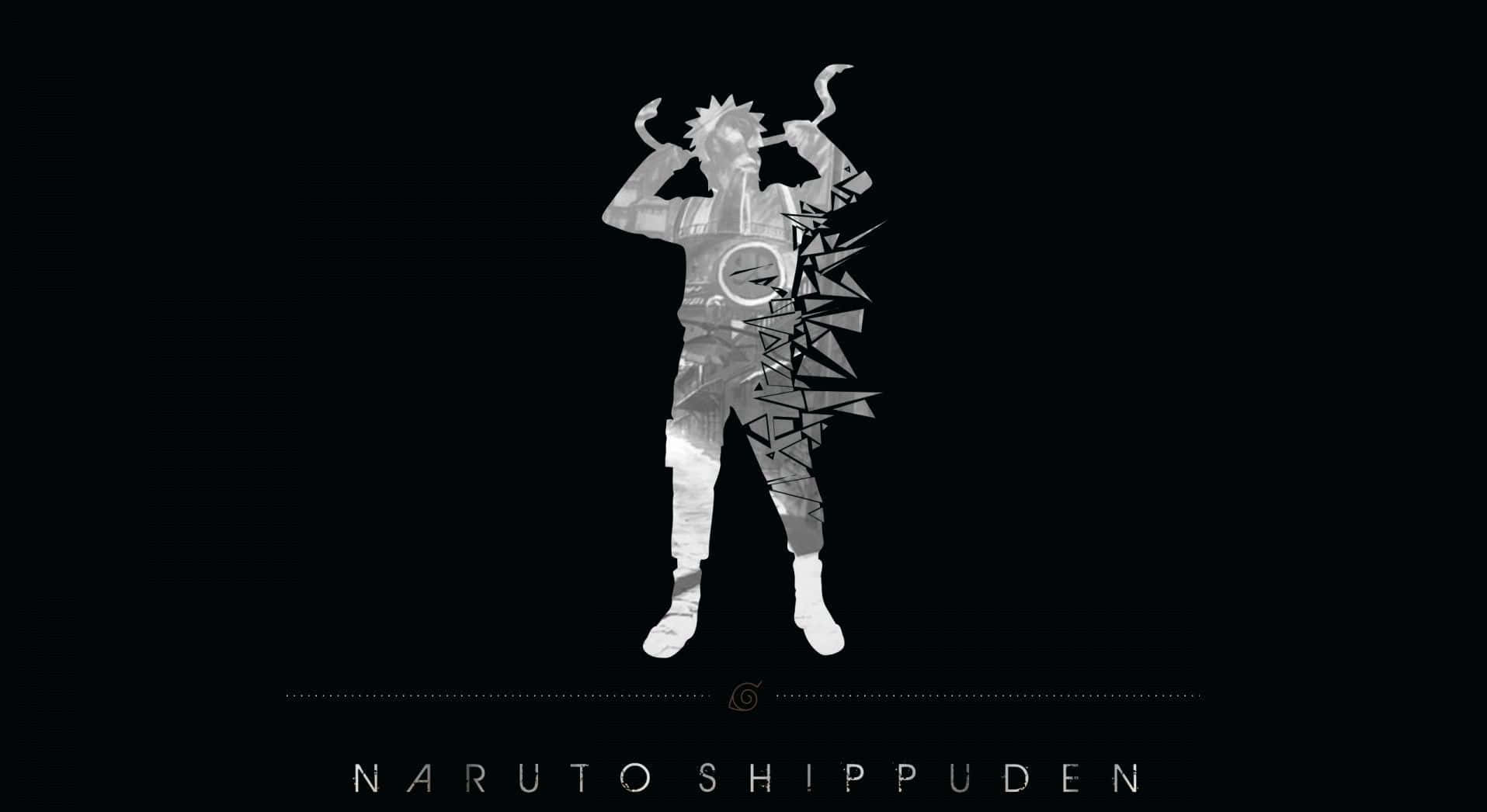 Naruto Black 桌布 壁紙 — 一個風格化的單色剪影，描繪漩渦鳴人以動態姿勢站在黑色背景上，帶有碎裂效果。