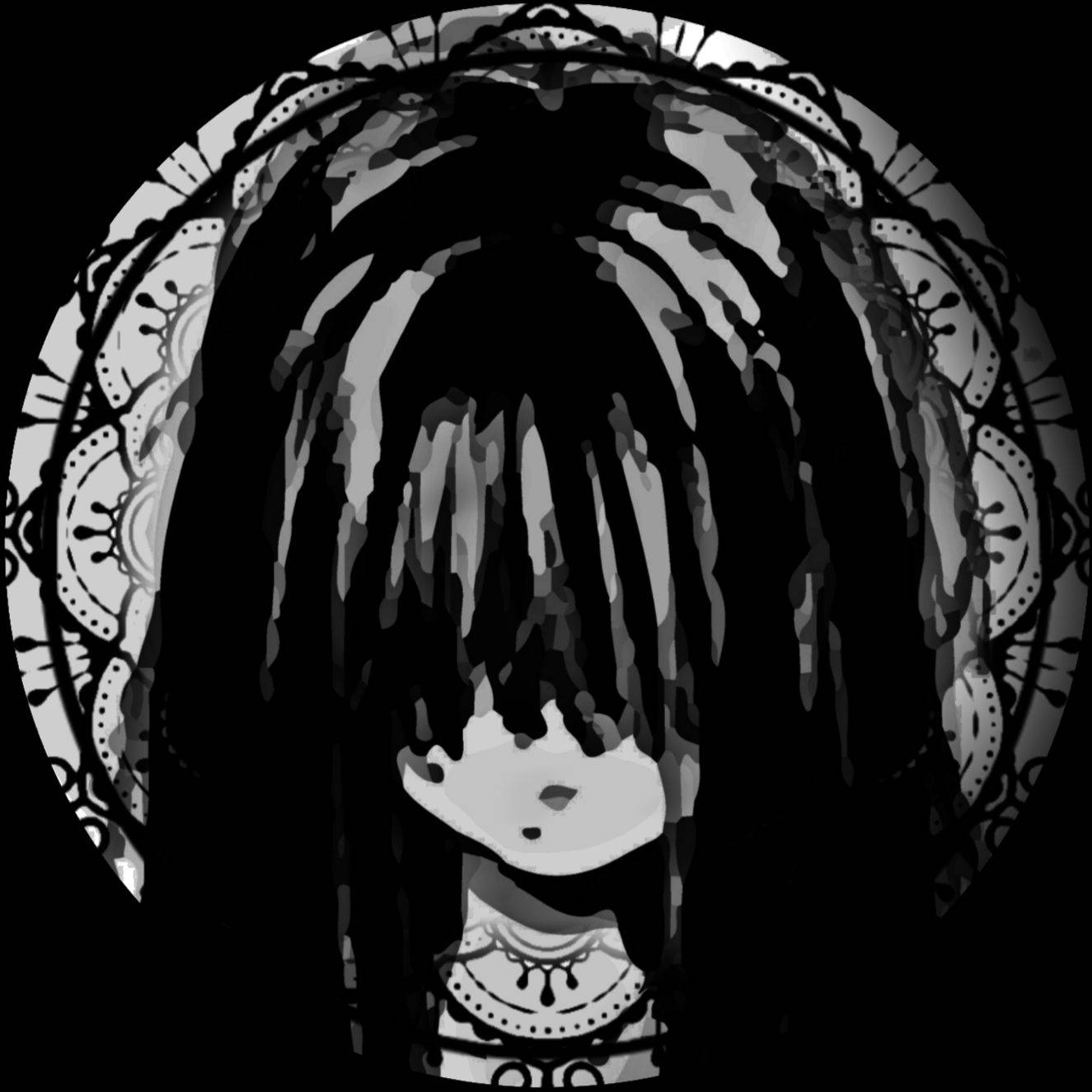 動漫頭像 桌布 壁紙 — 一個風格化的單色動漫女孩，長髮被華麗的圓形曼陀羅邊框環繞。