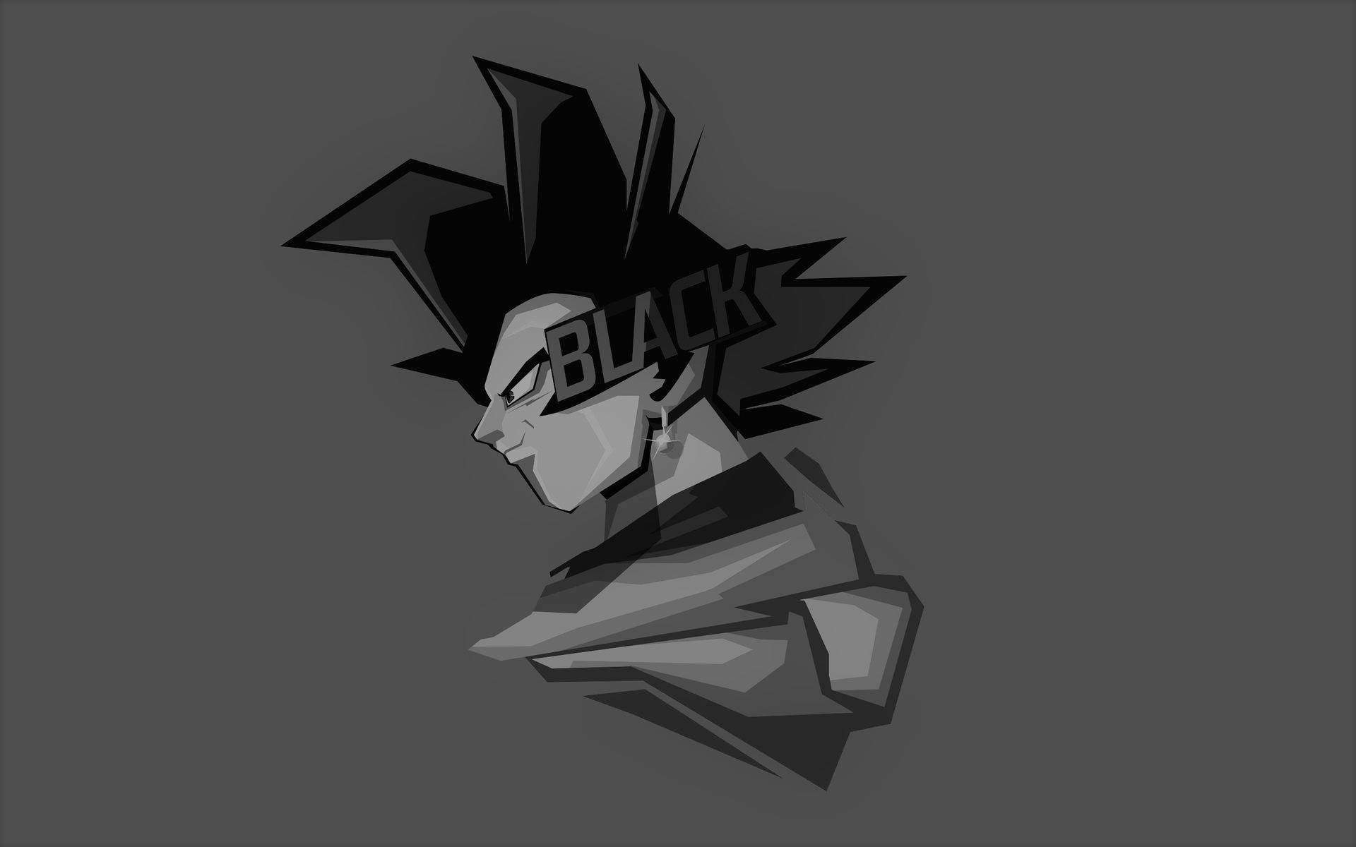 Goku Black And White 桌布 壁紙 — 一個風格化的單色半身像，描繪一個頭髮尖刺的動漫角色，眼睛上有BLACK字樣。