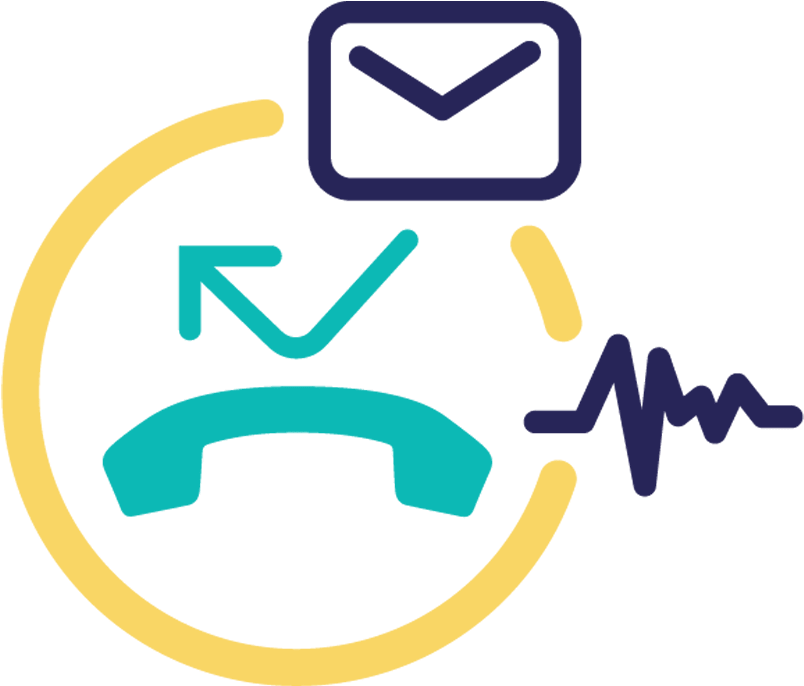 Call Icon 桌布 壁紙 — 一個風格化的圓形圖示，包含電話、電子郵件、箭頭和心跳符號，以青綠色、黃色和紫色呈現於黑色背景上。
