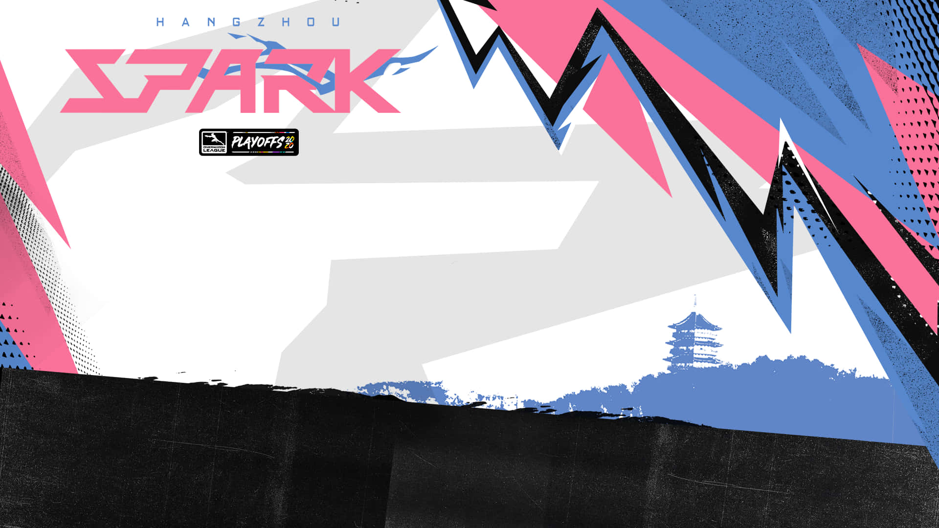 Overwatch League 桌布 壁紙 — 一個風格化的圖形，以粉紅色、藍色和黑色的幾何形狀框住白色天空下的遠處寶塔。