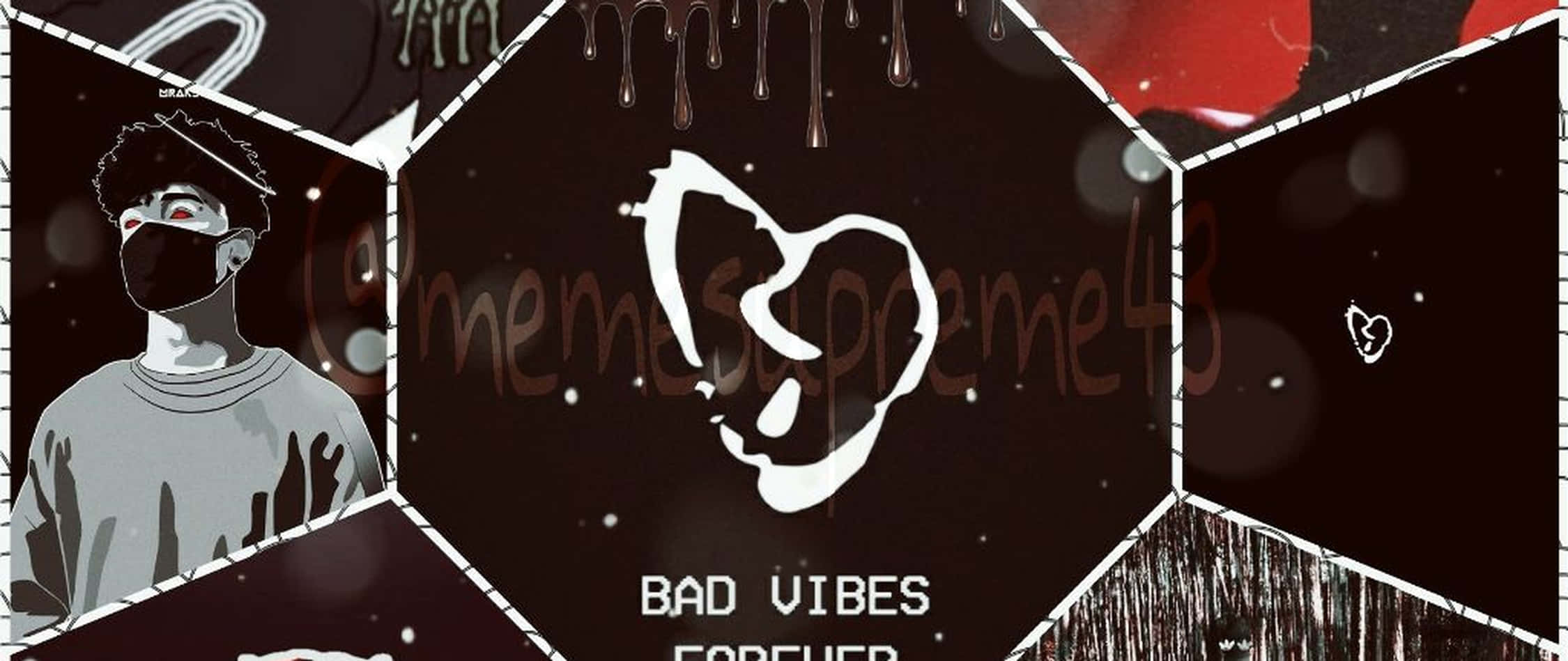 Dark Red Aesthetic 桌布 壁紙 — 一個風格化的圖形，包含戴面具的人物、滴落的心形和「bad vibes forever」文字，採用黑暗碎片化設計。
