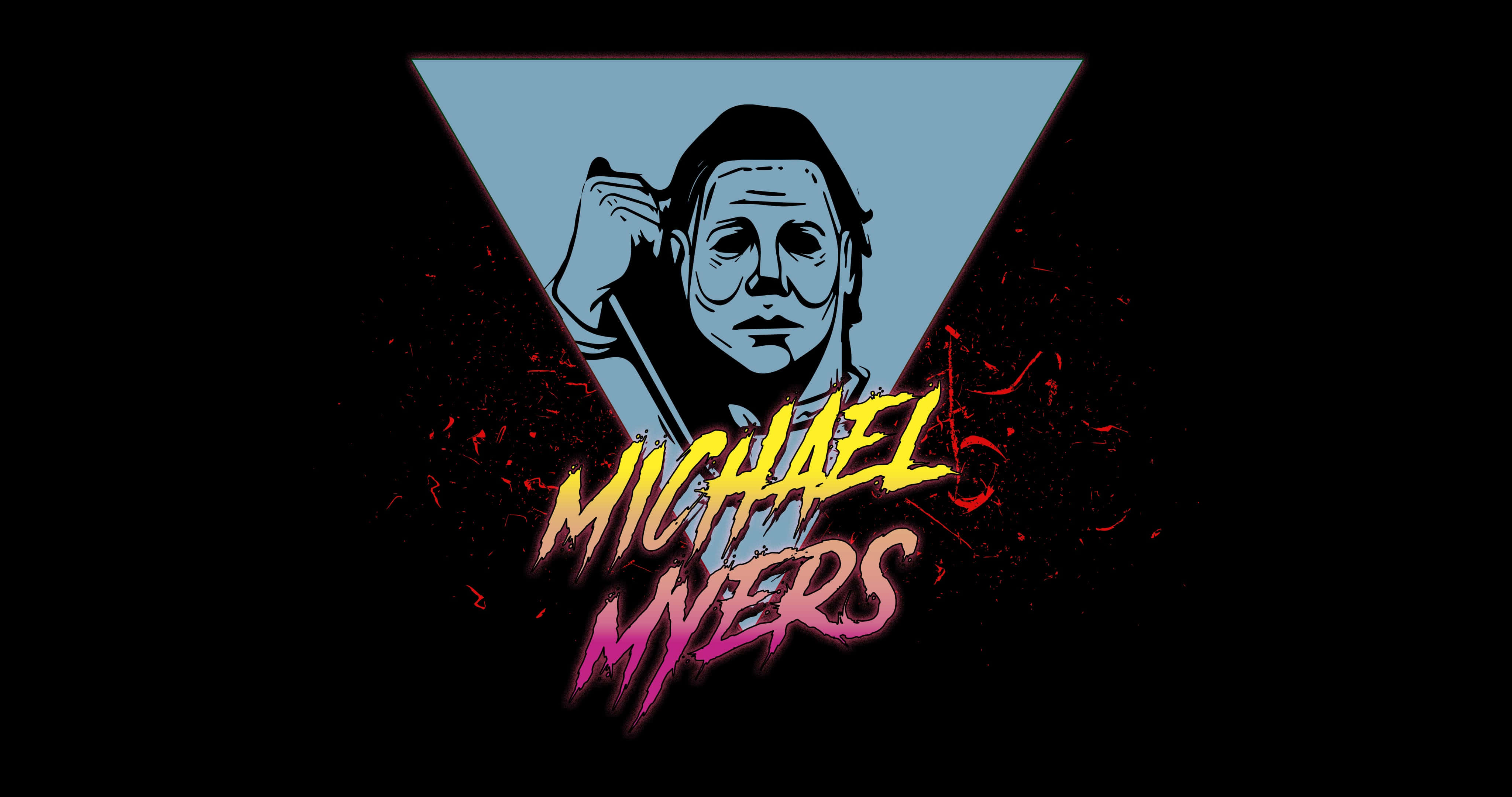 Mike Myers 桌布 壁紙 — 一個風格化的圖形，描繪Michael Myers在發光三角形內手持刀具，背景為黑色並帶有紅色飛濺效果。