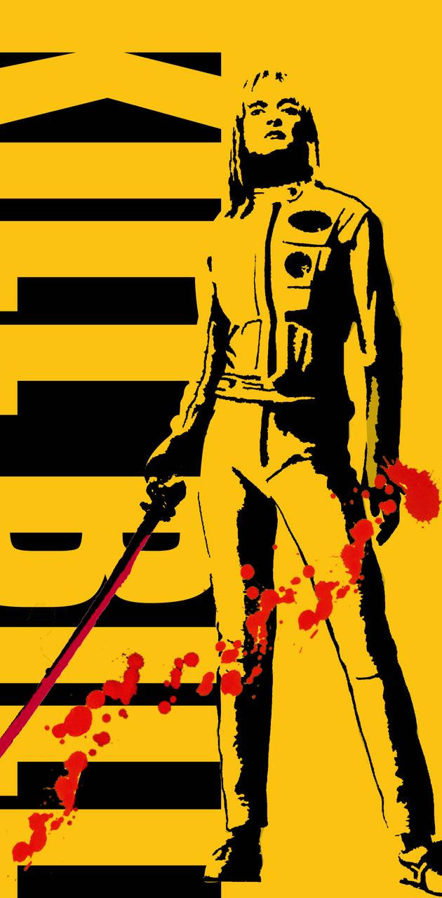 Kill Bill 桌布 壁紙 — 一個風格化的圖形，描繪一個穿著黃色連身衣的人物，手持一把血淋淋的劍，背景為大膽的黃色和黑色。