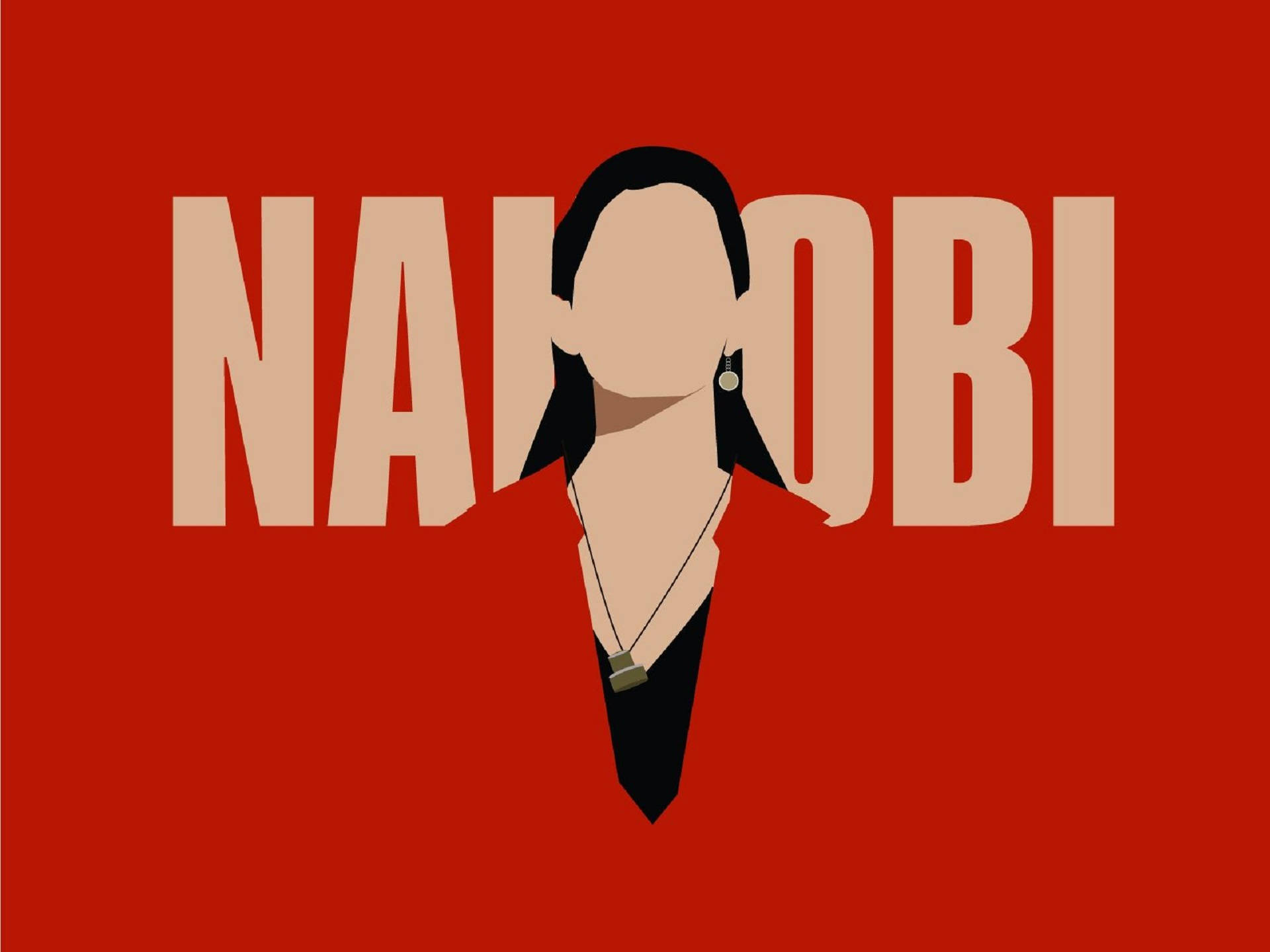 nairobi money heist 桌布 壁紙 — 一個風格化的圖形，描繪女性剪影，並將文字 'NAKOB' 融入其形態中，背景為大膽的紅色。