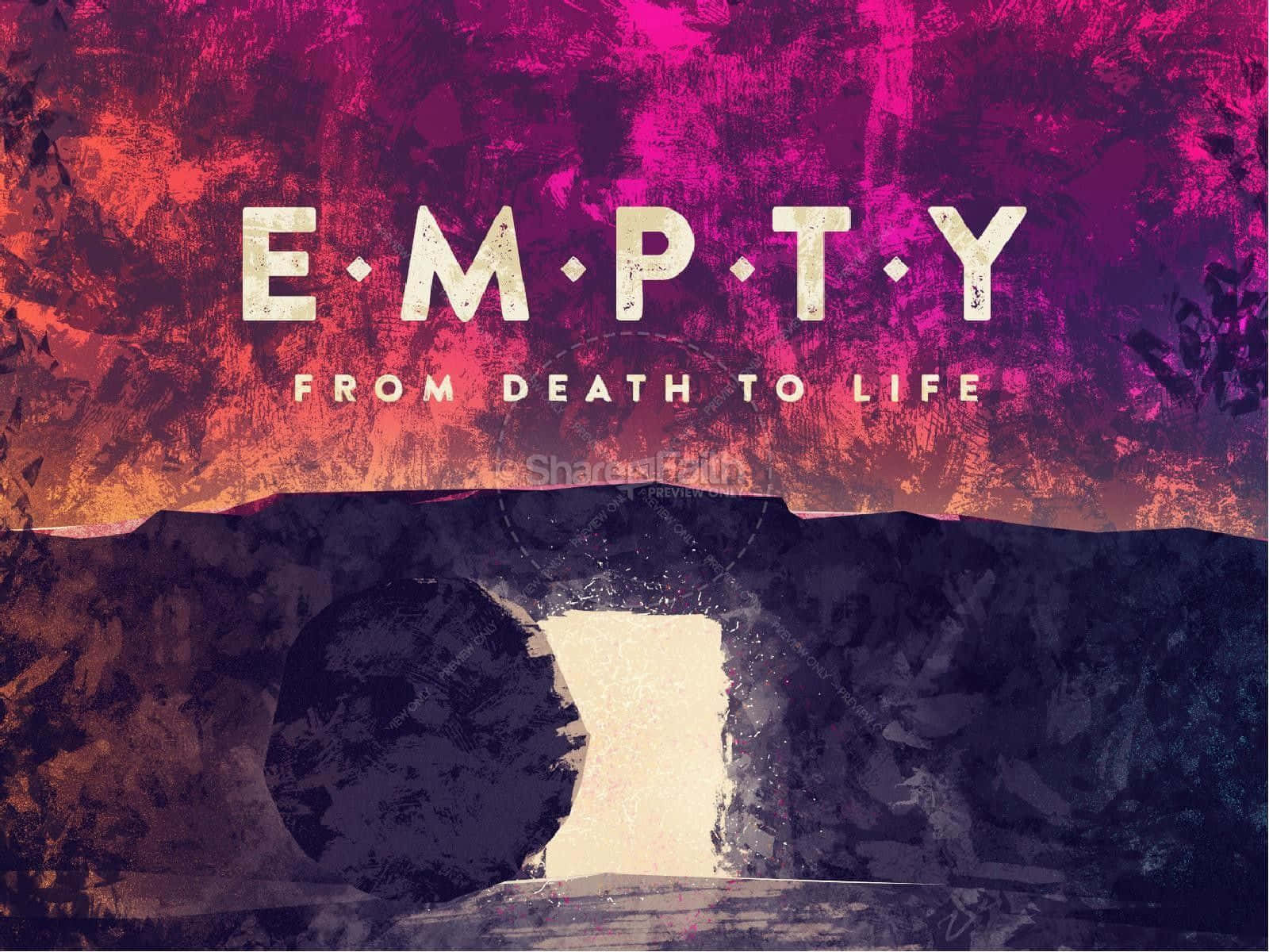 Empty Tomb 桌布 壁紙 — 一個風格化的圖形，粗體文字寫著 'EMPTY FROM DEATH TO LIFE'，背景是帶有紋理的洋紅色橙色天空和洞穴入口的黑色剪影。