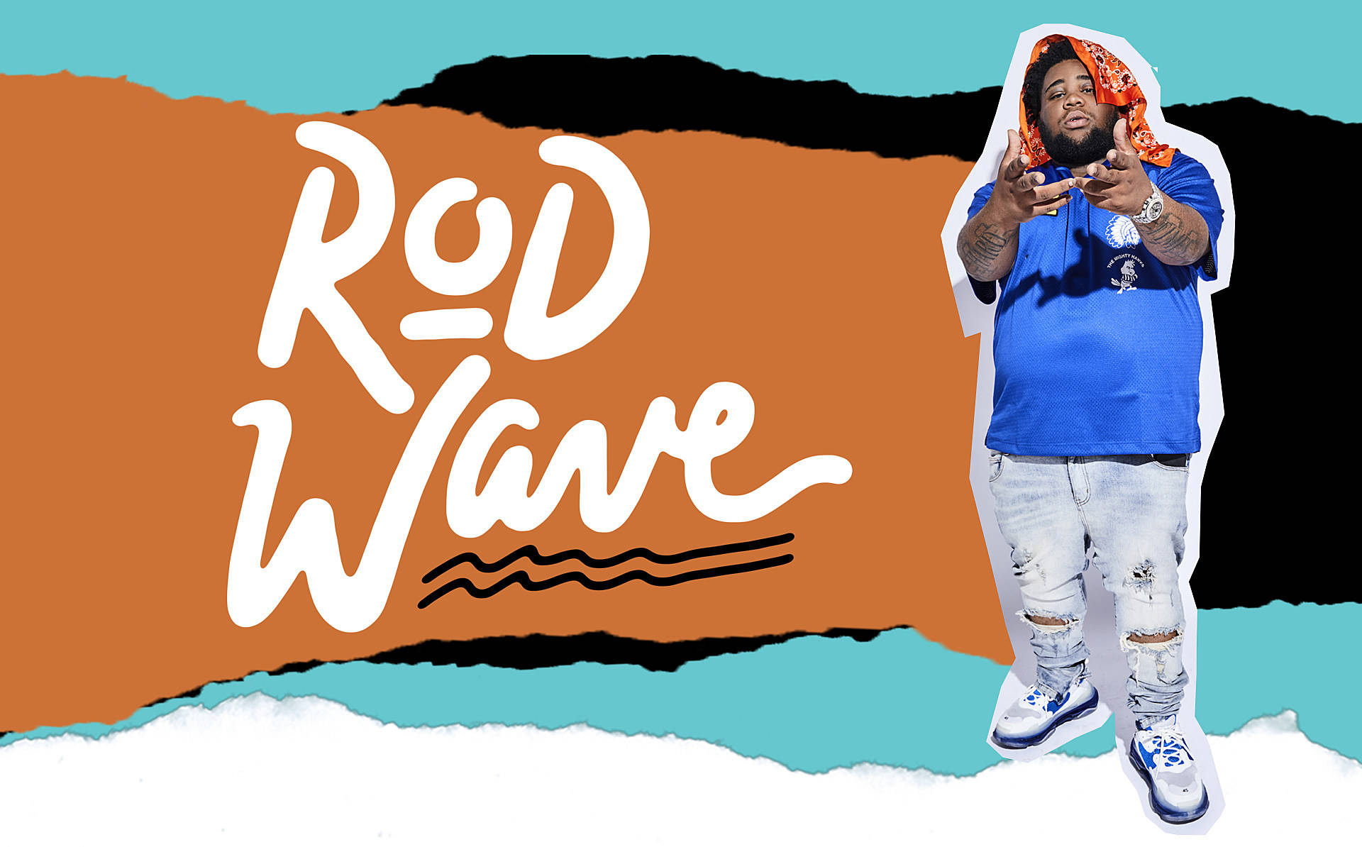 羅德·韋夫 桌布 壁紙 — 一個風格化的圖形，說唱歌手 Rod Wave 穿著藍色襯衫和破洞牛仔褲，背景是撕紙效果，他的名字以粗體白色字體呈現。