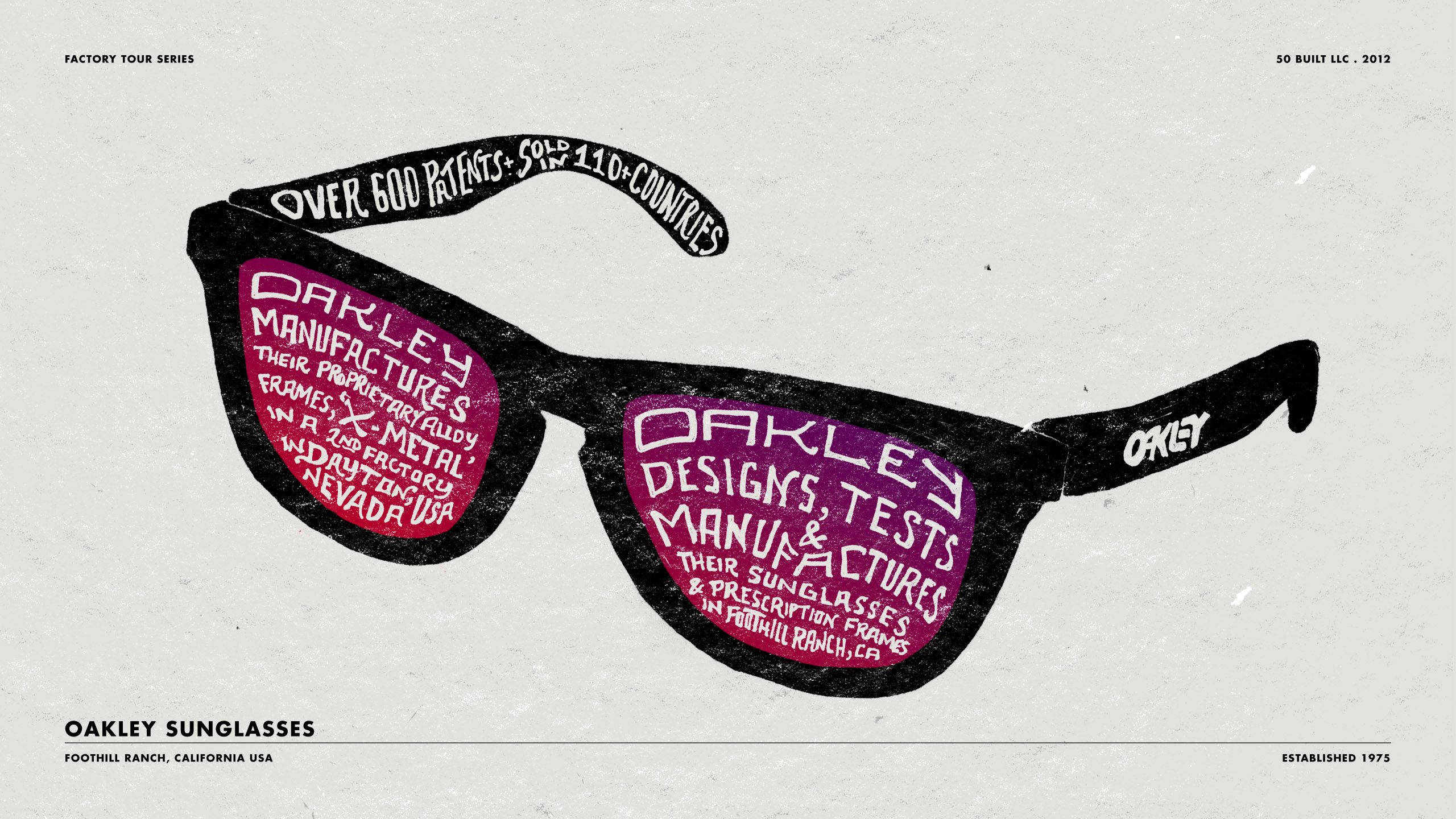 Sunglasses 桌布 壁紙 — 一個風格化的圖形，黑色Oakley太陽眼鏡，粉紅色鏡片，充滿白色文字，詳細說明製造事實，背景為有紋理的米白色。