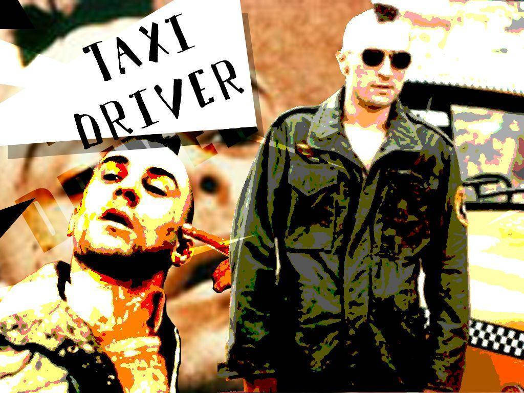 taxi driver 桌布 壁紙 — 一個風格化的圖形拼貼，展示計程車司機和乘客，並帶有粗體文字疊加。
