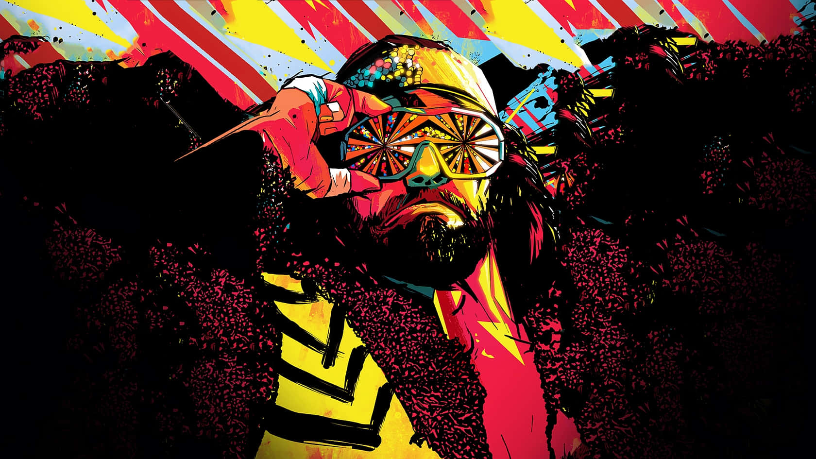 WWE 桌布 壁紙 — 一個風格化的圖形插圖，描繪一位留鬍鬚的男子，戴著鮮豔護目鏡和黃色外套，衝破黑暗紋理混亂。