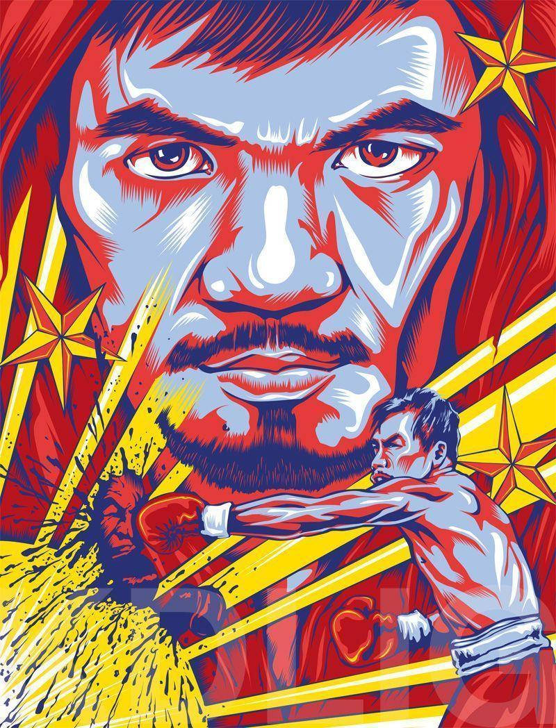 Stars 桌布 壁紙 — 一個風格化的圖形插圖，描繪一名拳擊手正揮出重拳，表情強烈，並採用大膽的紅、黃、藍色。