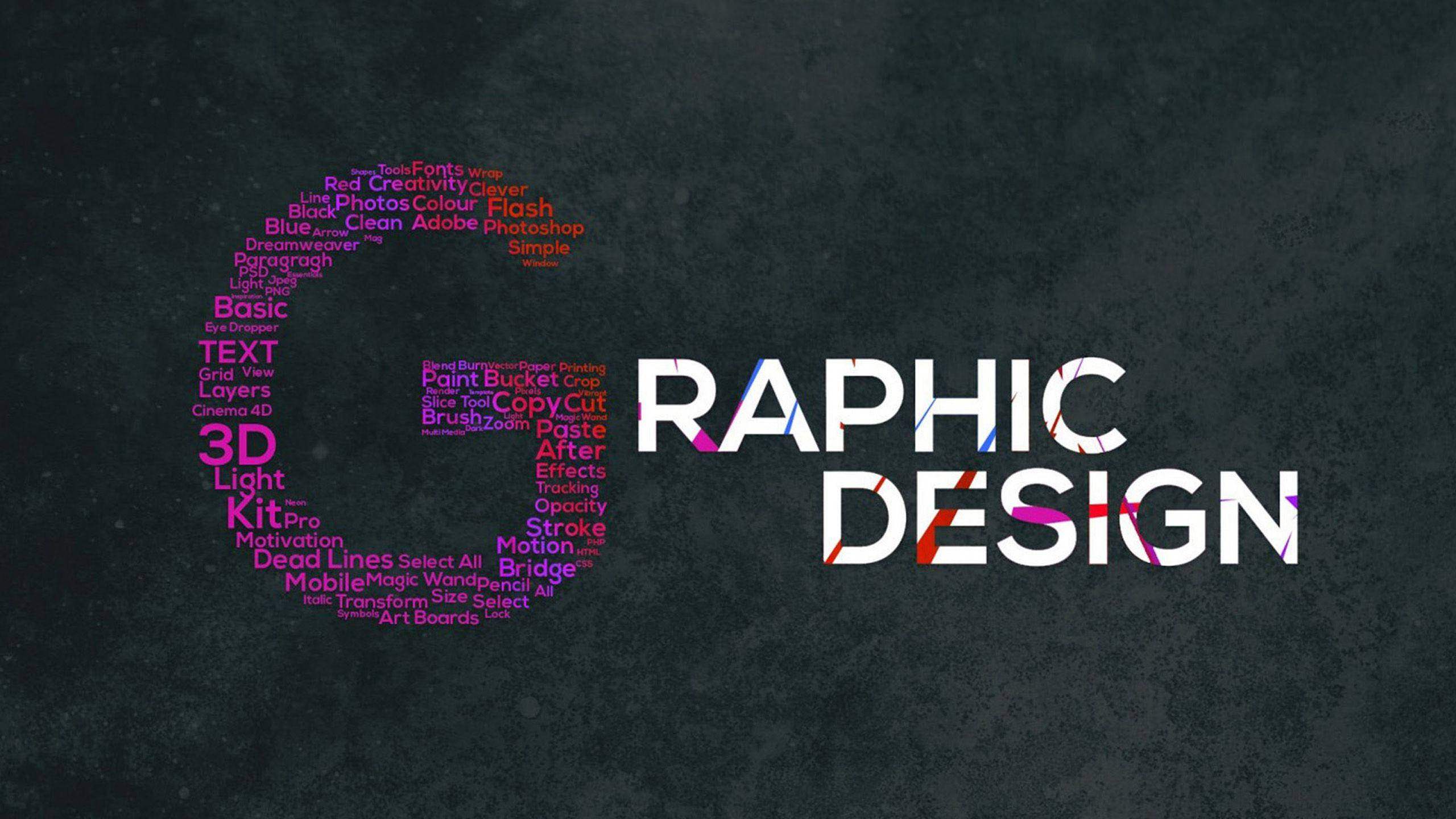 Design 桌布 壁紙 — 一個風格化的圖形設計標誌，由彩色字體文字在深色紋理背景上形成。
