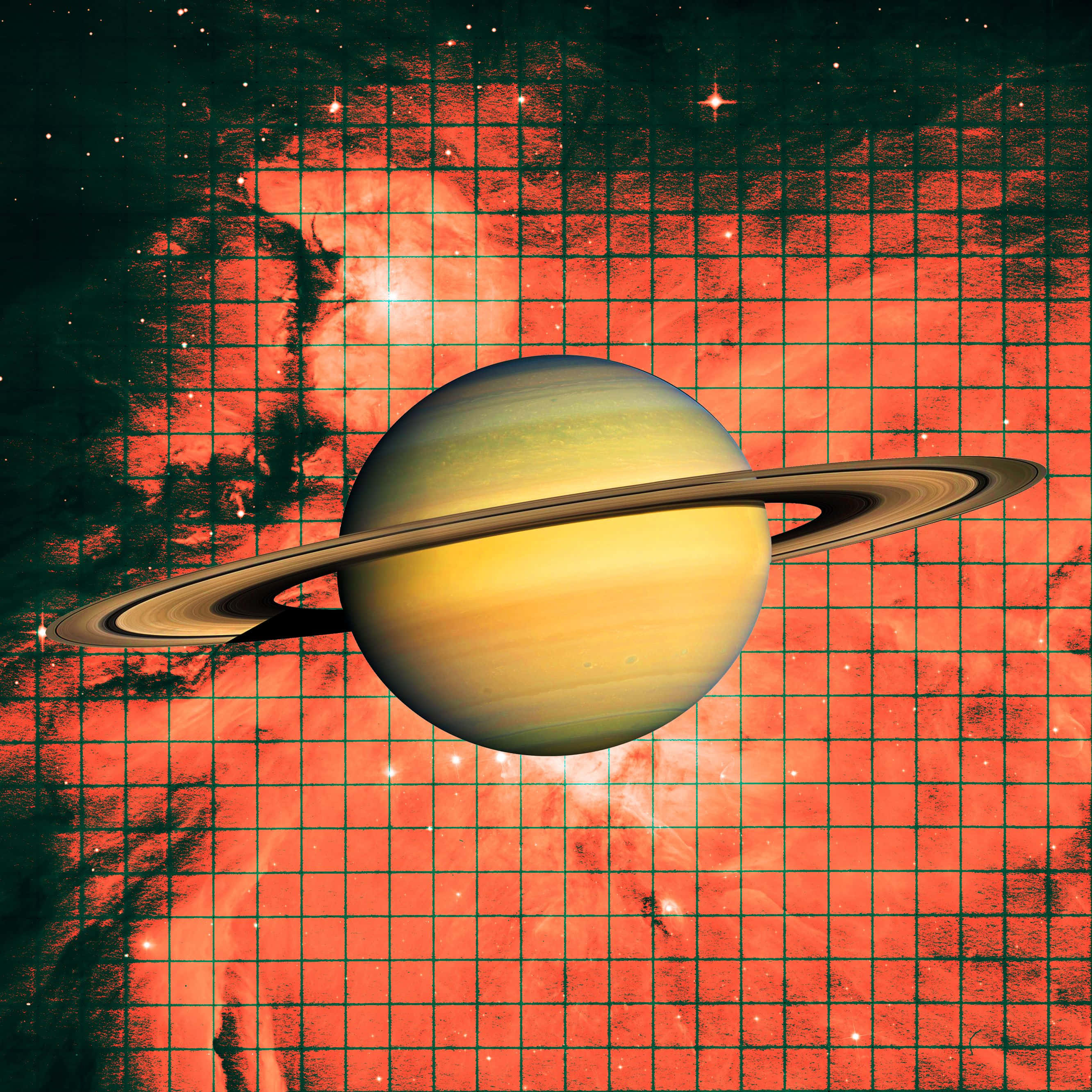 土星 桌布 壁紙 — 一個風格化的土星帶有光環，漂浮在網格覆蓋的熾熱星雲背景上，散佈著星星。